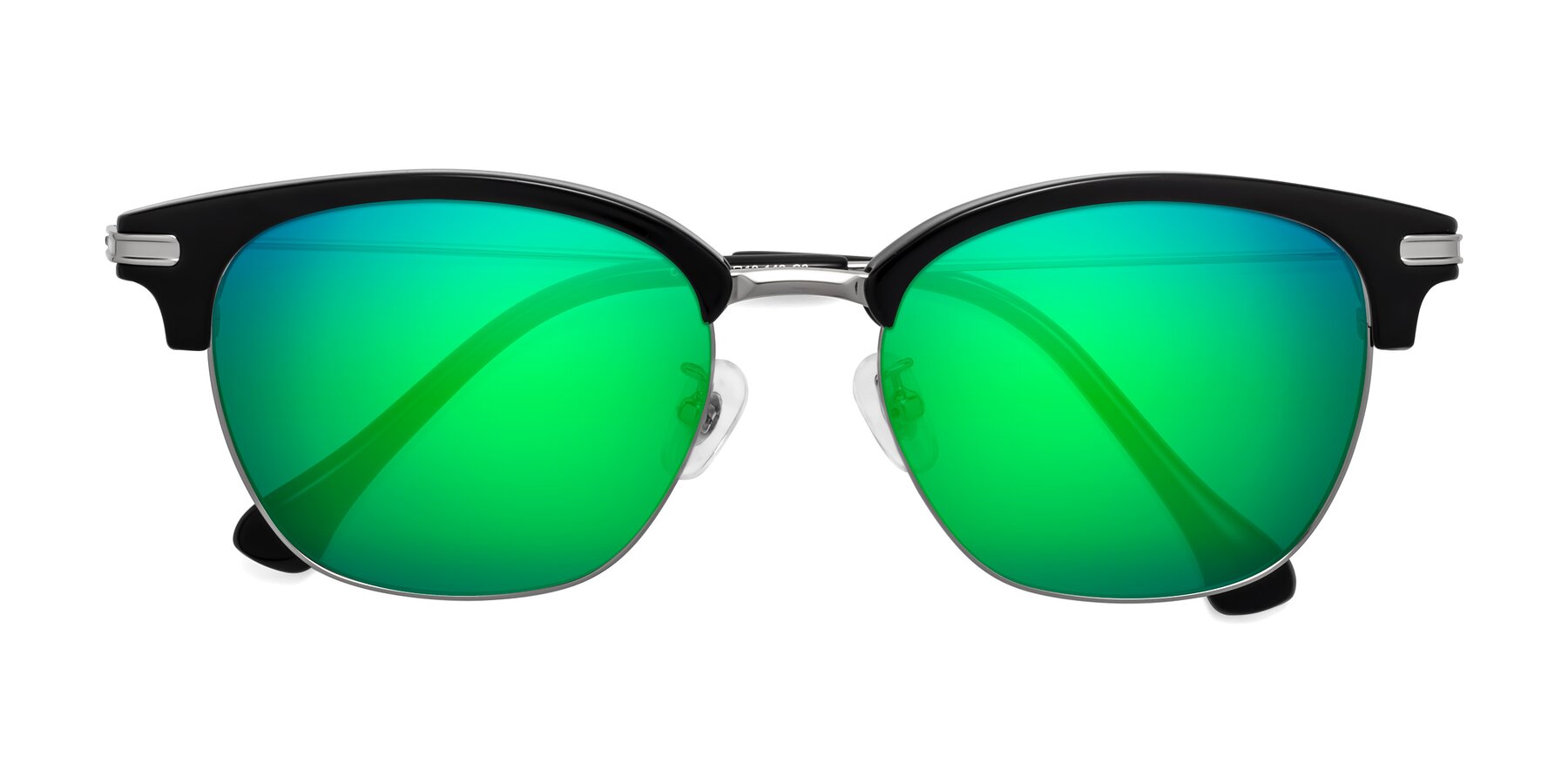 Folded Front of Obrien in Black-Sliver with Green Mirrored Lenses