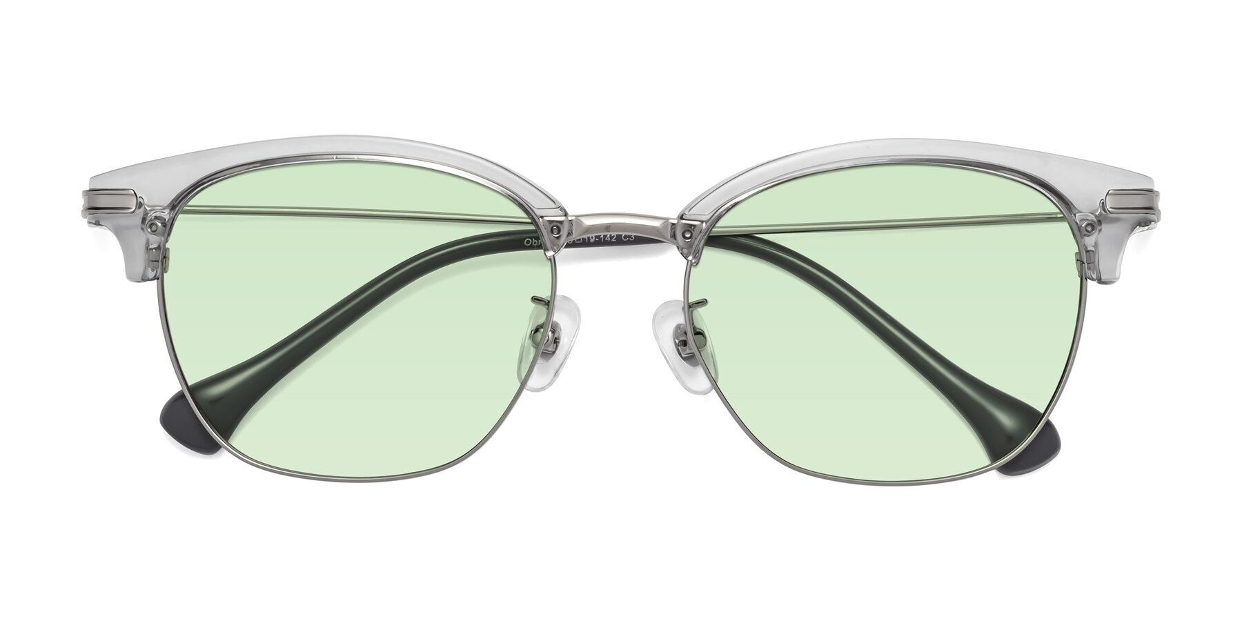 Folded Front of Obrien in Clear Gray-Silver with Light Green Tinted Lenses