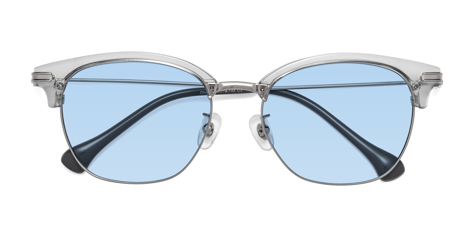 Folded Front of Obrien in Clear Gray-Silver with Light Blue Tinted Lenses