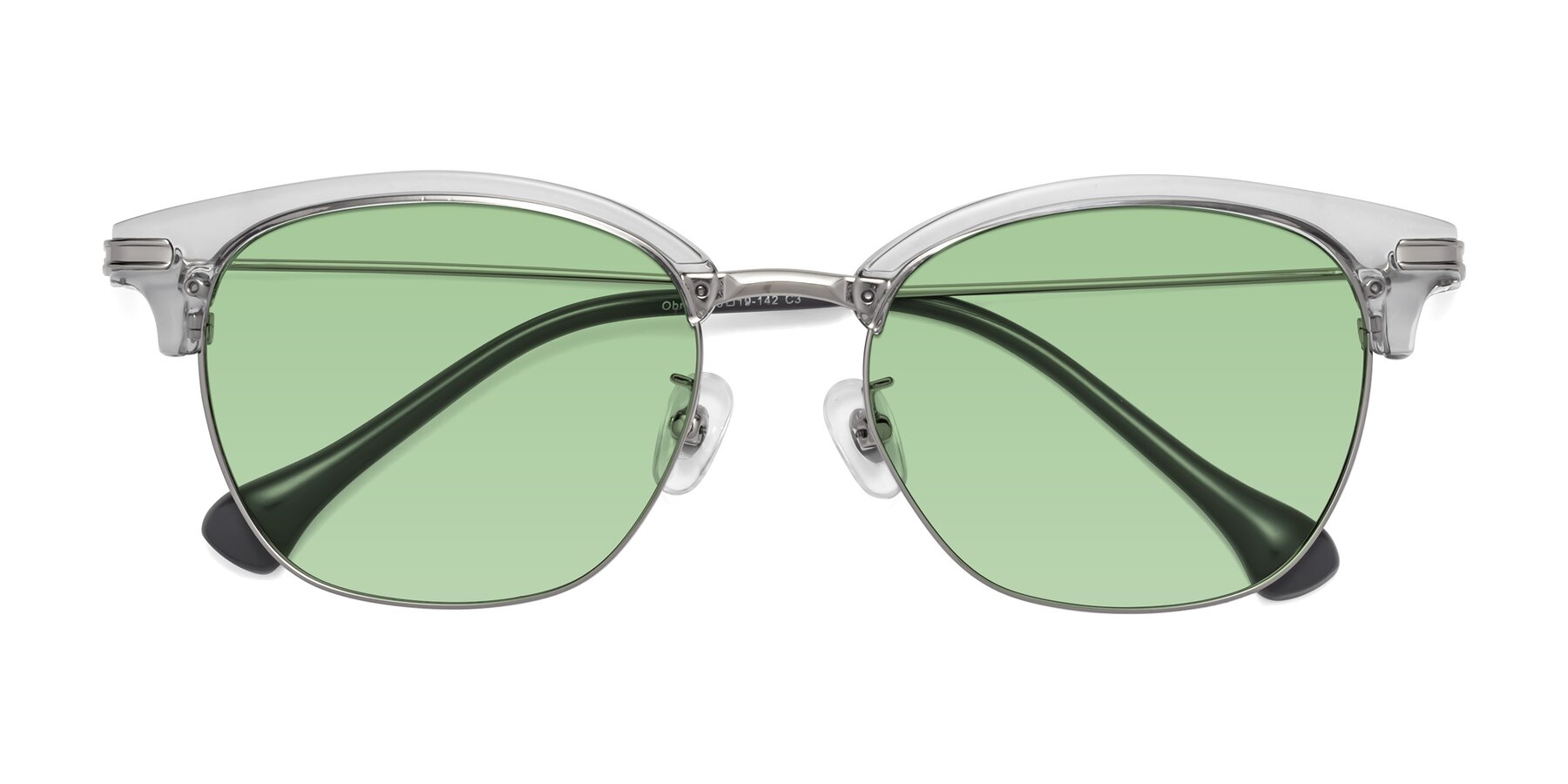Folded Front of Obrien in Clear Gray-Silver with Medium Green Tinted Lenses