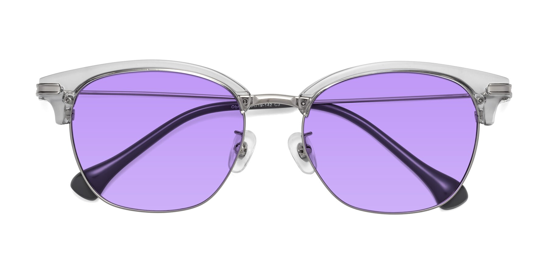Folded Front of Obrien in Clear Gray-Silver with Medium Purple Tinted Lenses