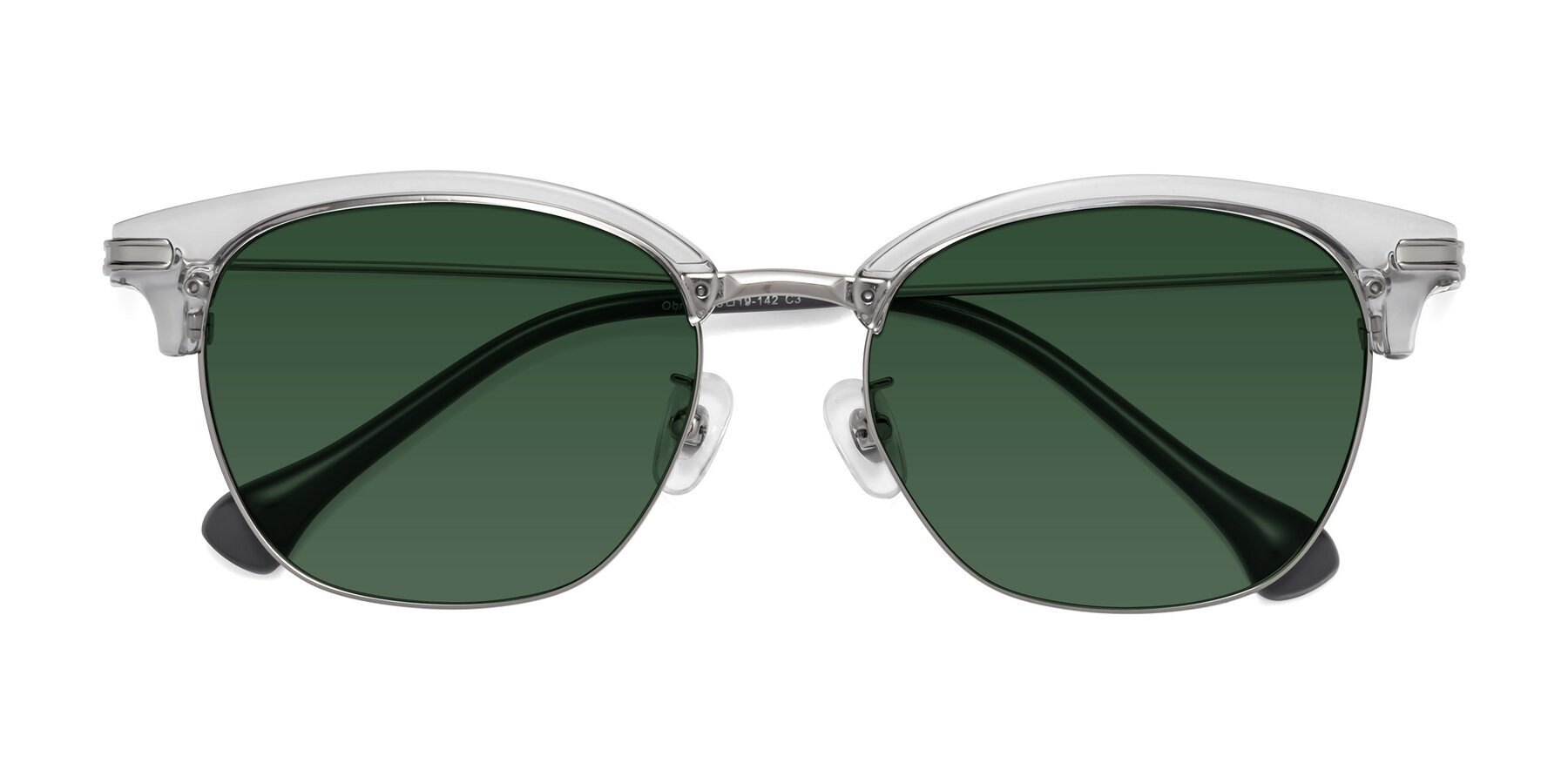 Folded Front of Obrien in Clear Gray-Silver with Green Tinted Lenses