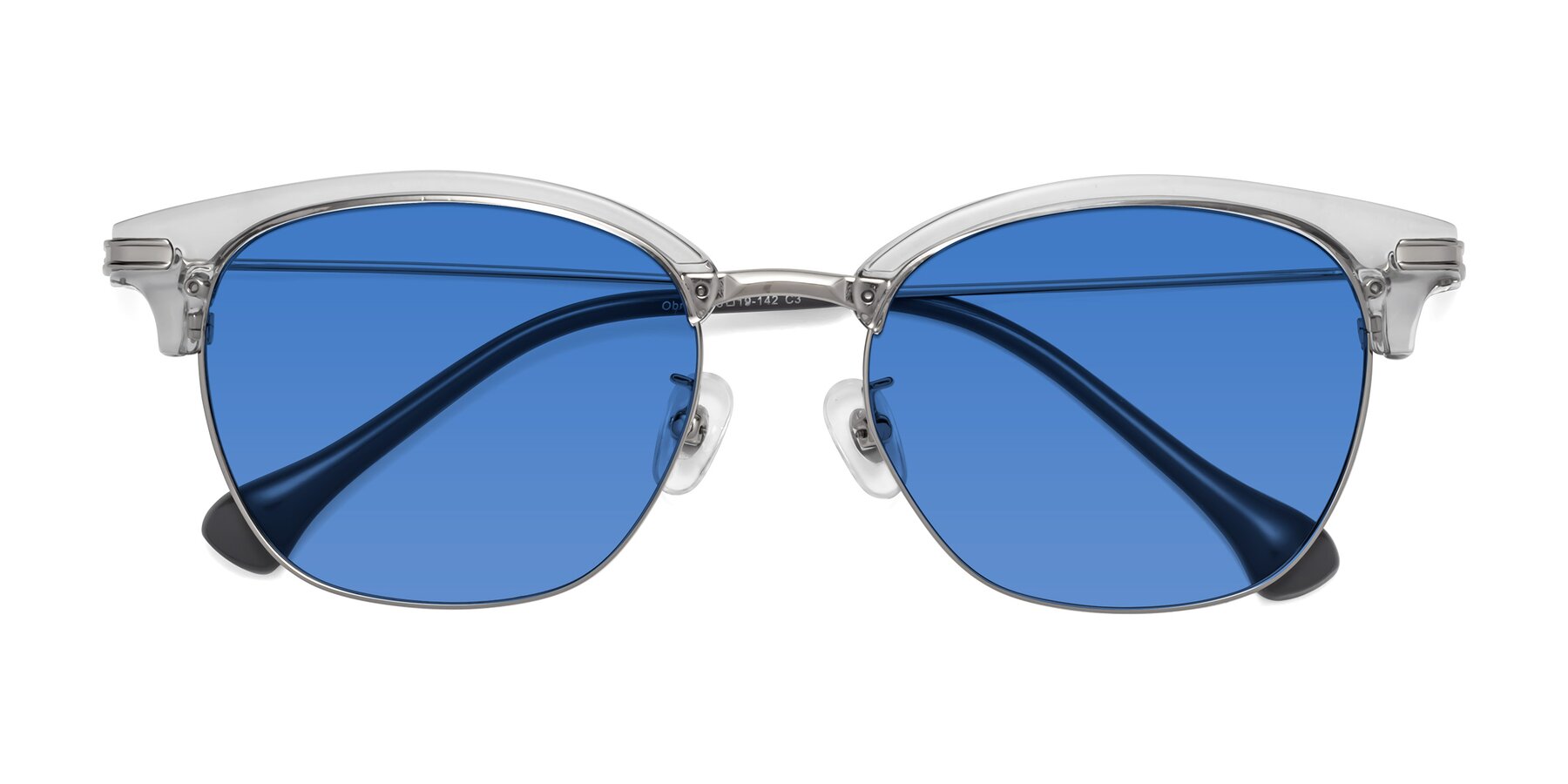 Folded Front of Obrien in Clear Gray-Silver with Blue Tinted Lenses