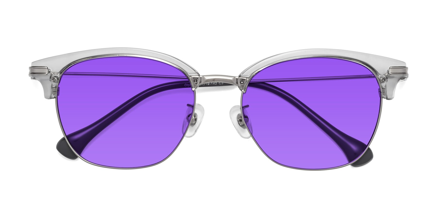 Folded Front of Obrien in Clear Gray-Silver with Purple Tinted Lenses