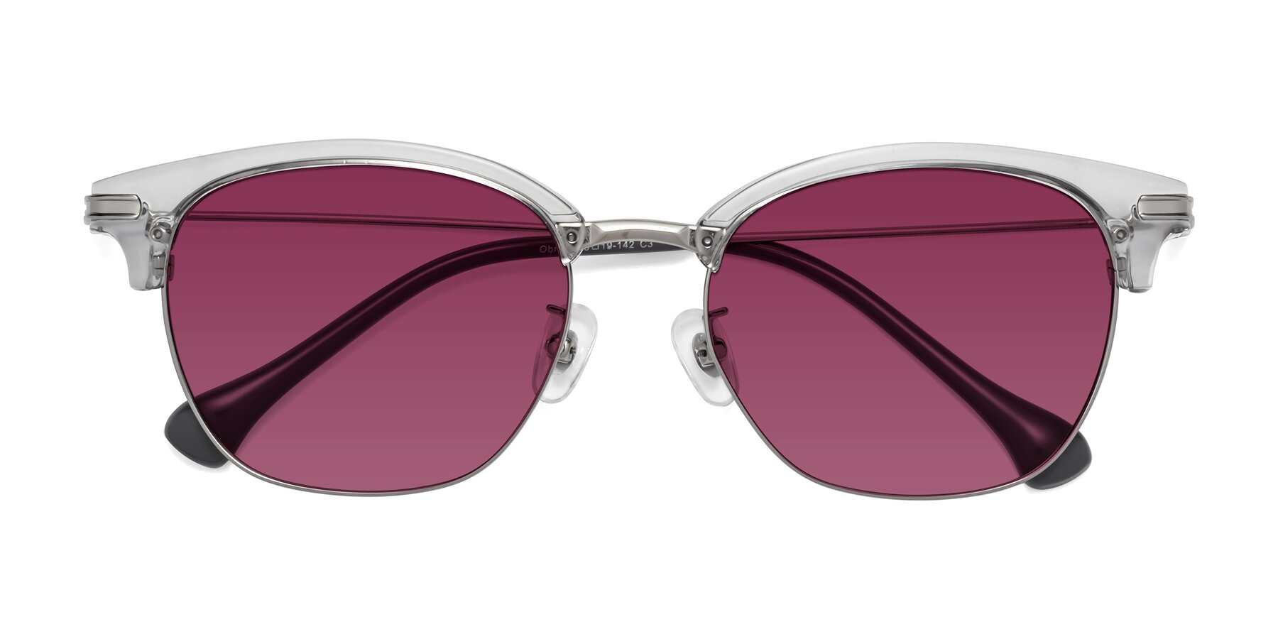 Folded Front of Obrien in Clear Gray-Silver with Wine Tinted Lenses