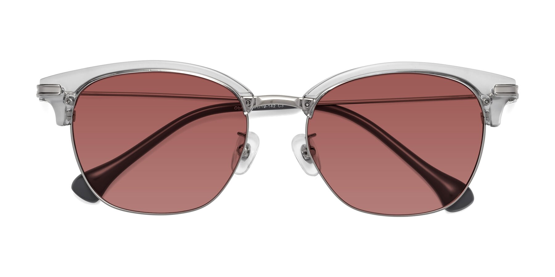 Folded Front of Obrien in Clear Gray-Silver with Garnet Tinted Lenses