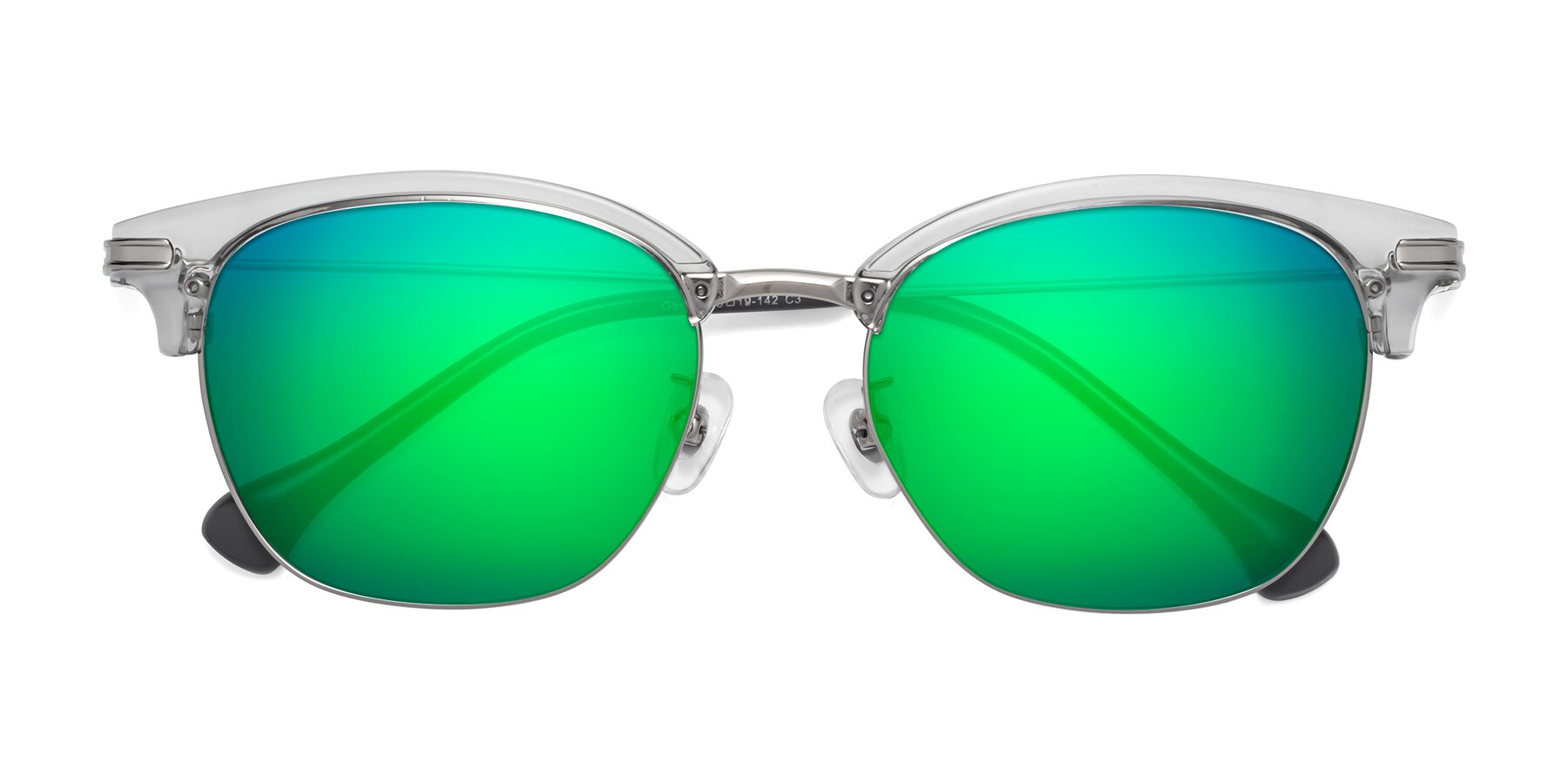 Folded Front of Obrien in Clear Gray-Silver with Green Mirrored Lenses