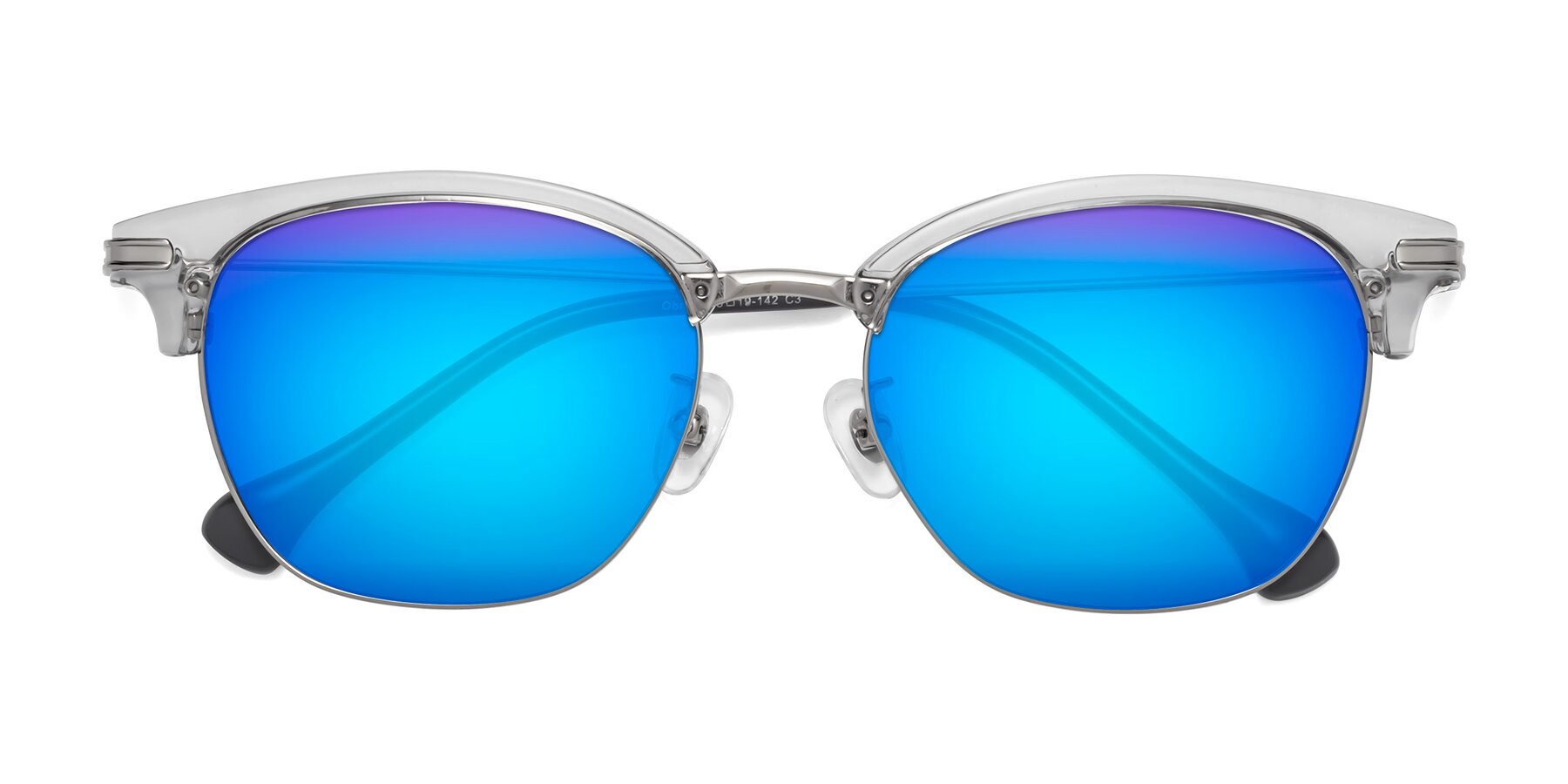 Folded Front of Obrien in Clear Gray-Silver with Blue Mirrored Lenses