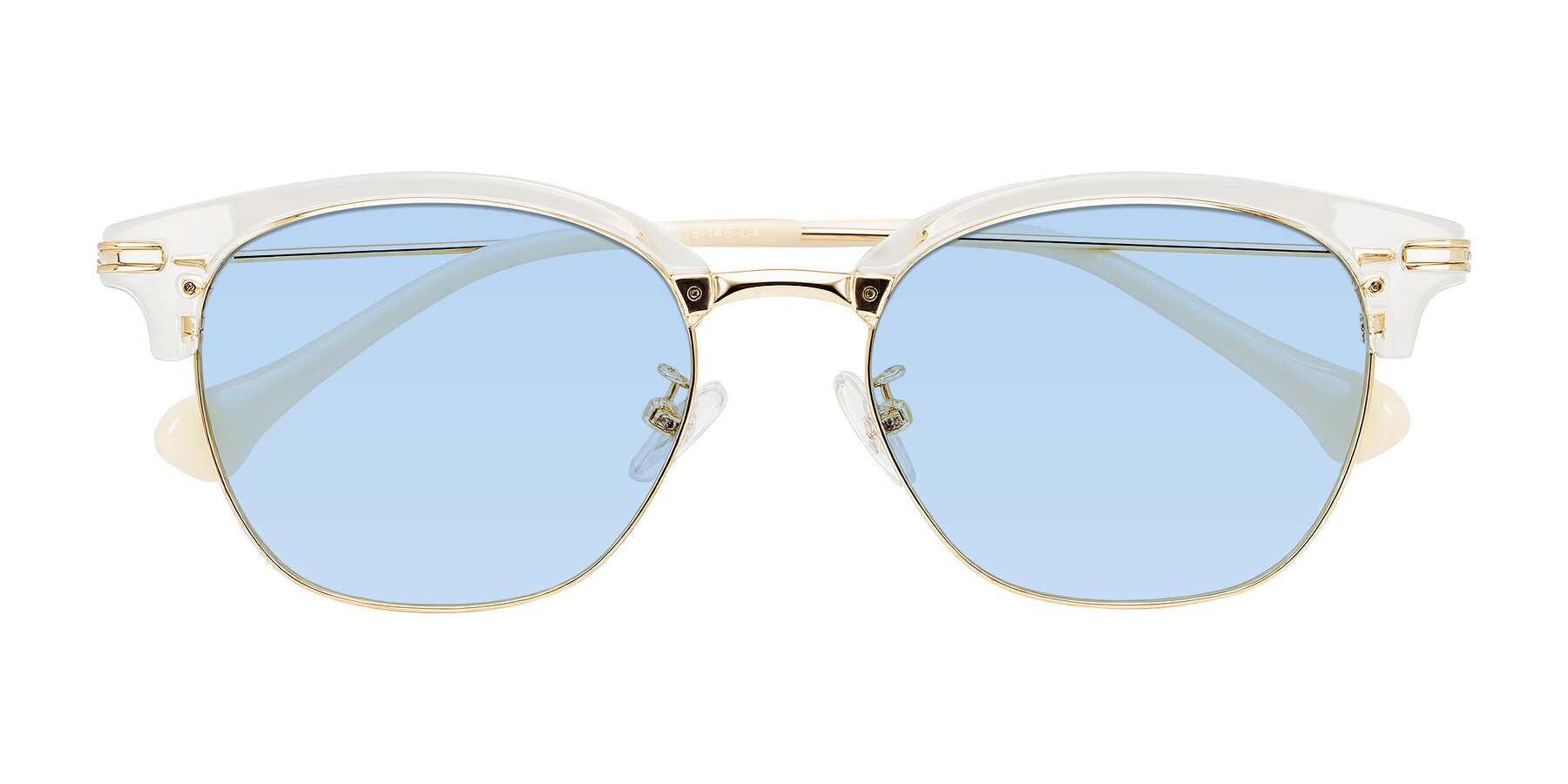 Folded Front of Obrien in Clear/Gold with Light Blue Tinted Lenses
