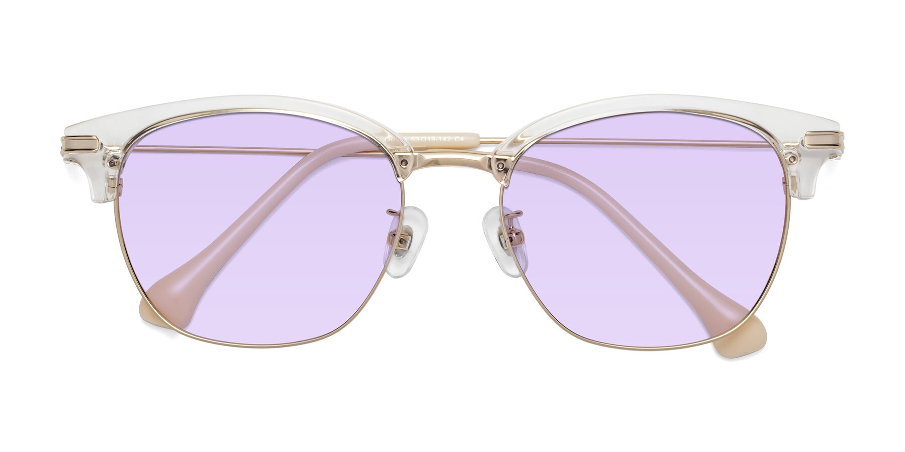 Folded Front of Obrien in Clear-Gold with Light Purple Tinted Lenses