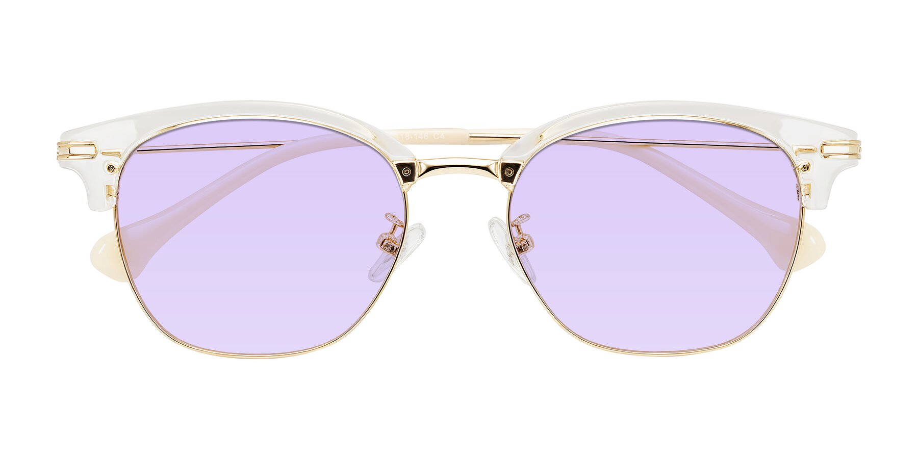 Folded Front of Obrien in Clear/Gold with Light Purple Tinted Lenses