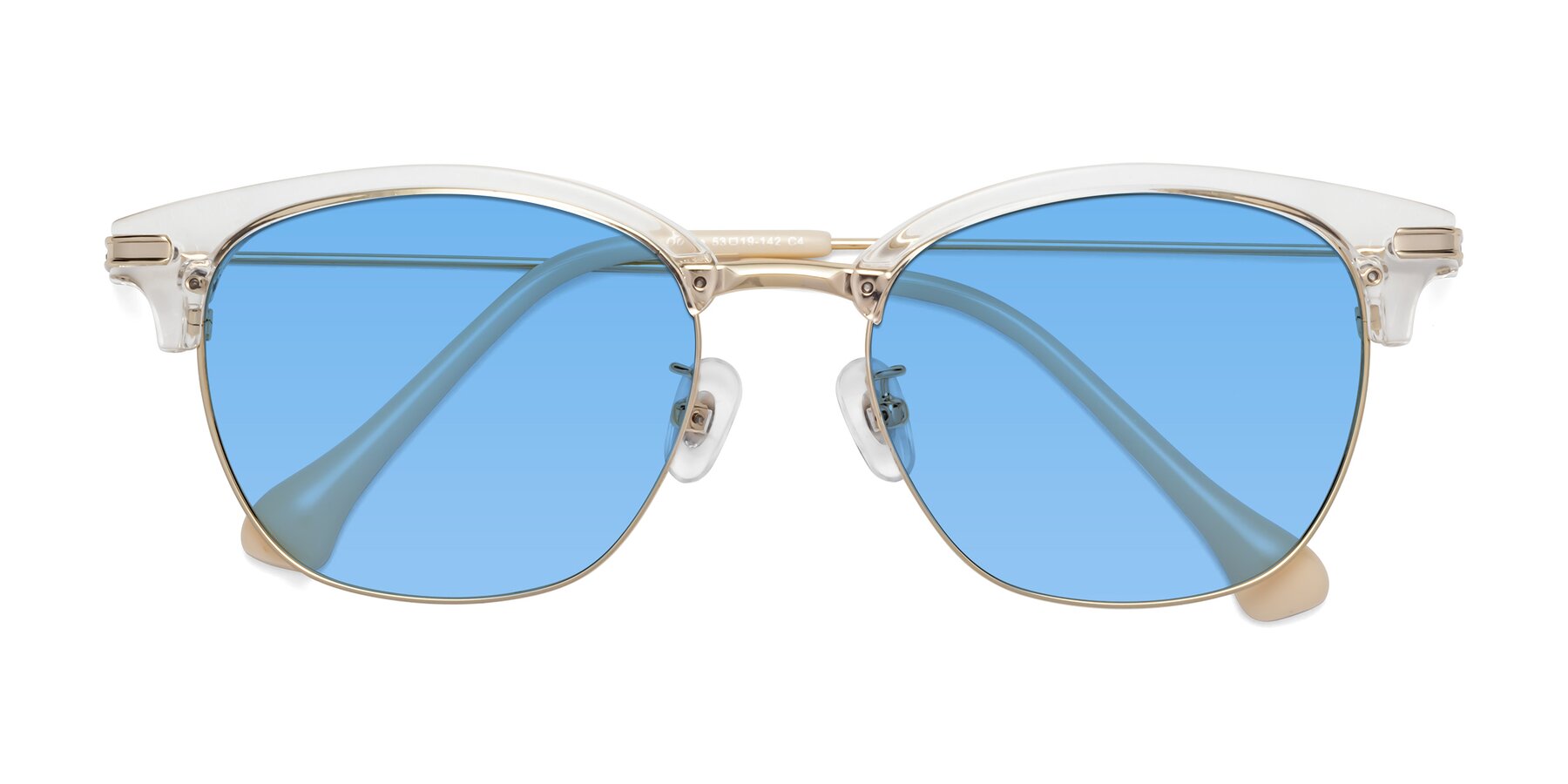 Folded Front of Obrien in Clear-Gold with Medium Blue Tinted Lenses