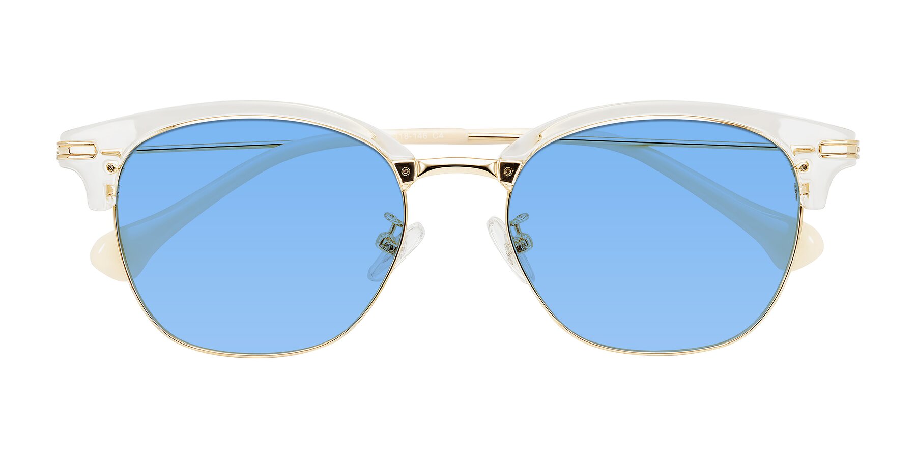 Folded Front of Obrien in Clear/Gold with Medium Blue Tinted Lenses