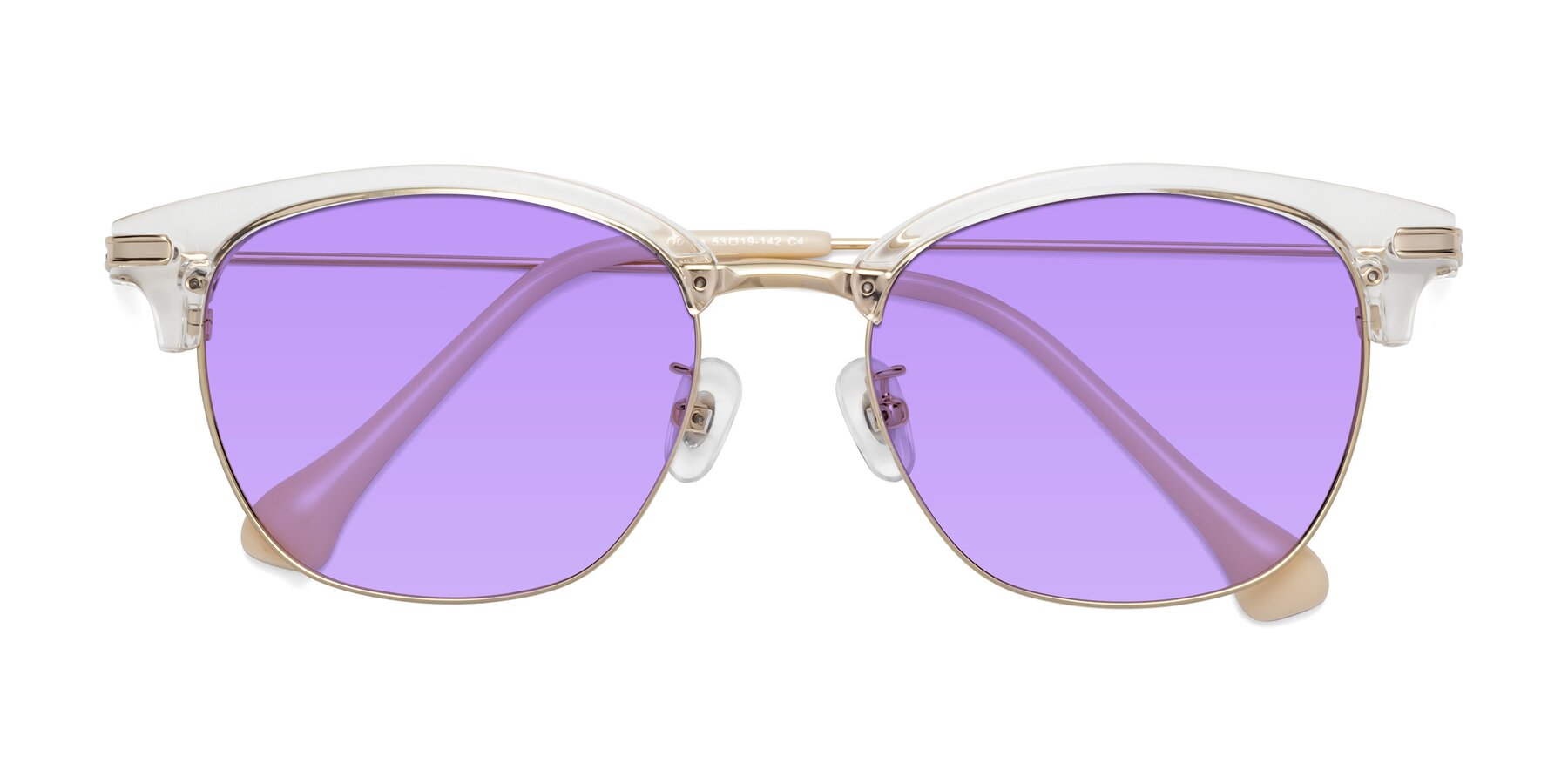 Folded Front of Obrien in Clear-Gold with Medium Purple Tinted Lenses