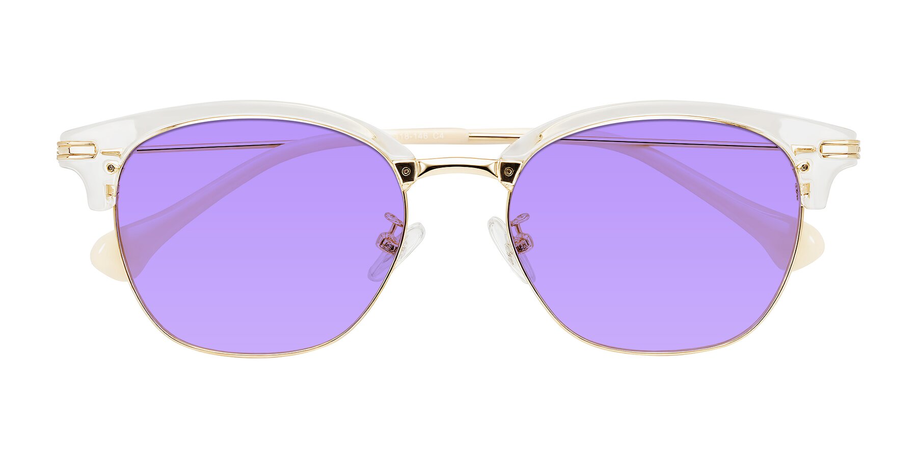 Folded Front of Obrien in Clear/Gold with Medium Purple Tinted Lenses