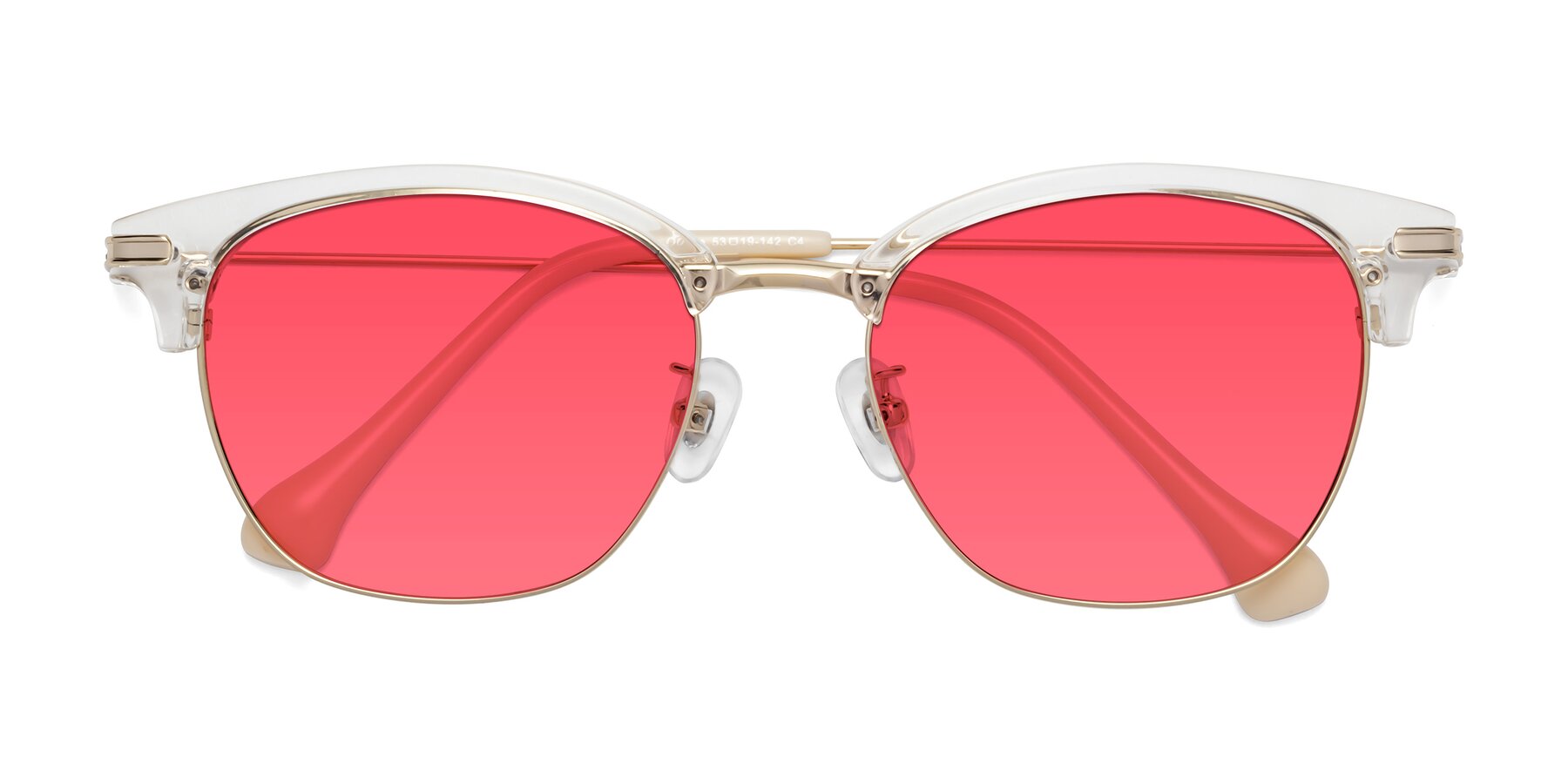 Folded Front of Obrien in Clear-Gold with Red Tinted Lenses