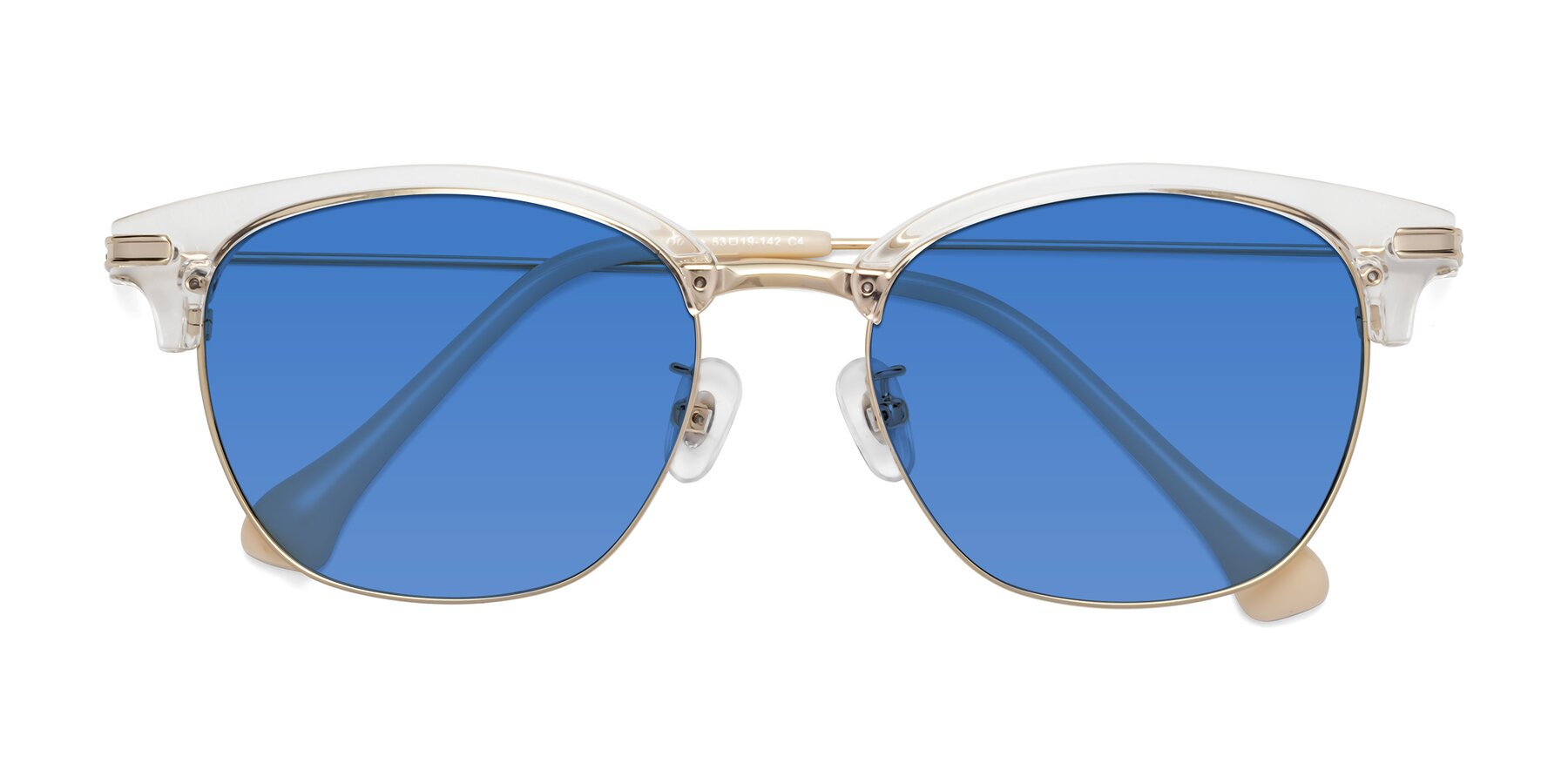 Folded Front of Obrien in Clear-Gold with Blue Tinted Lenses