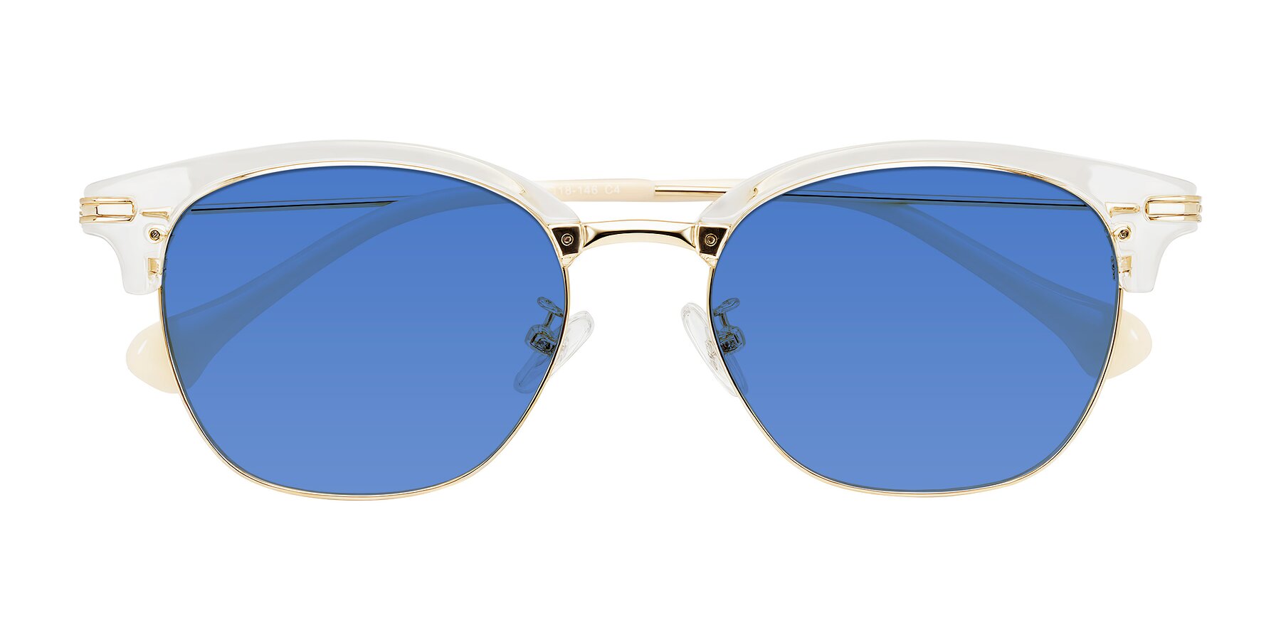 Folded Front of Obrien in Clear/Gold with Blue Tinted Lenses