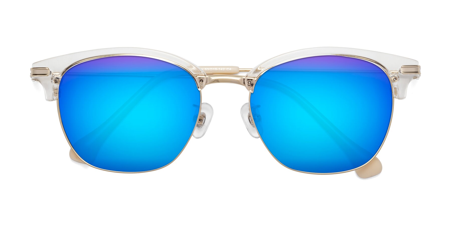 Folded Front of Obrien in Clear-Gold with Blue Mirrored Lenses