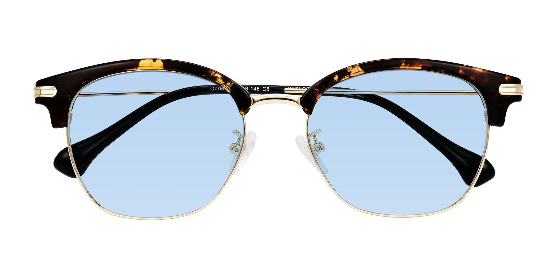 Folded Front of Obrien in Tortoise with Light Blue Tinted Lenses