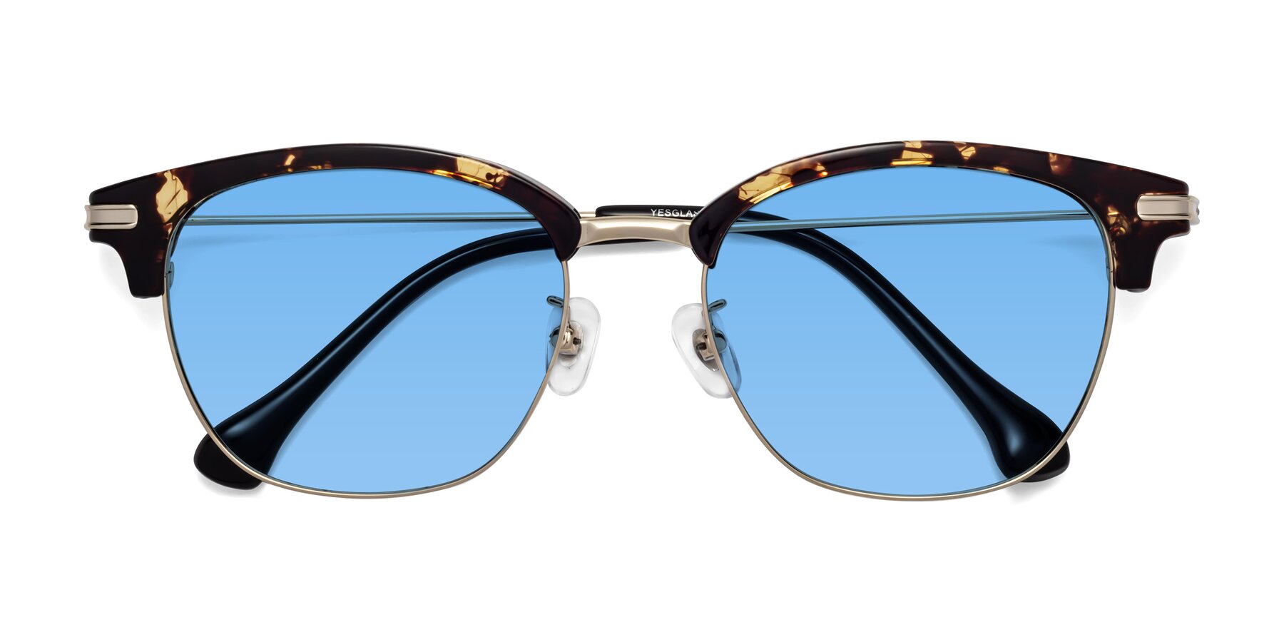 Folded Front of Obrien in Tortoise with Medium Blue Tinted Lenses