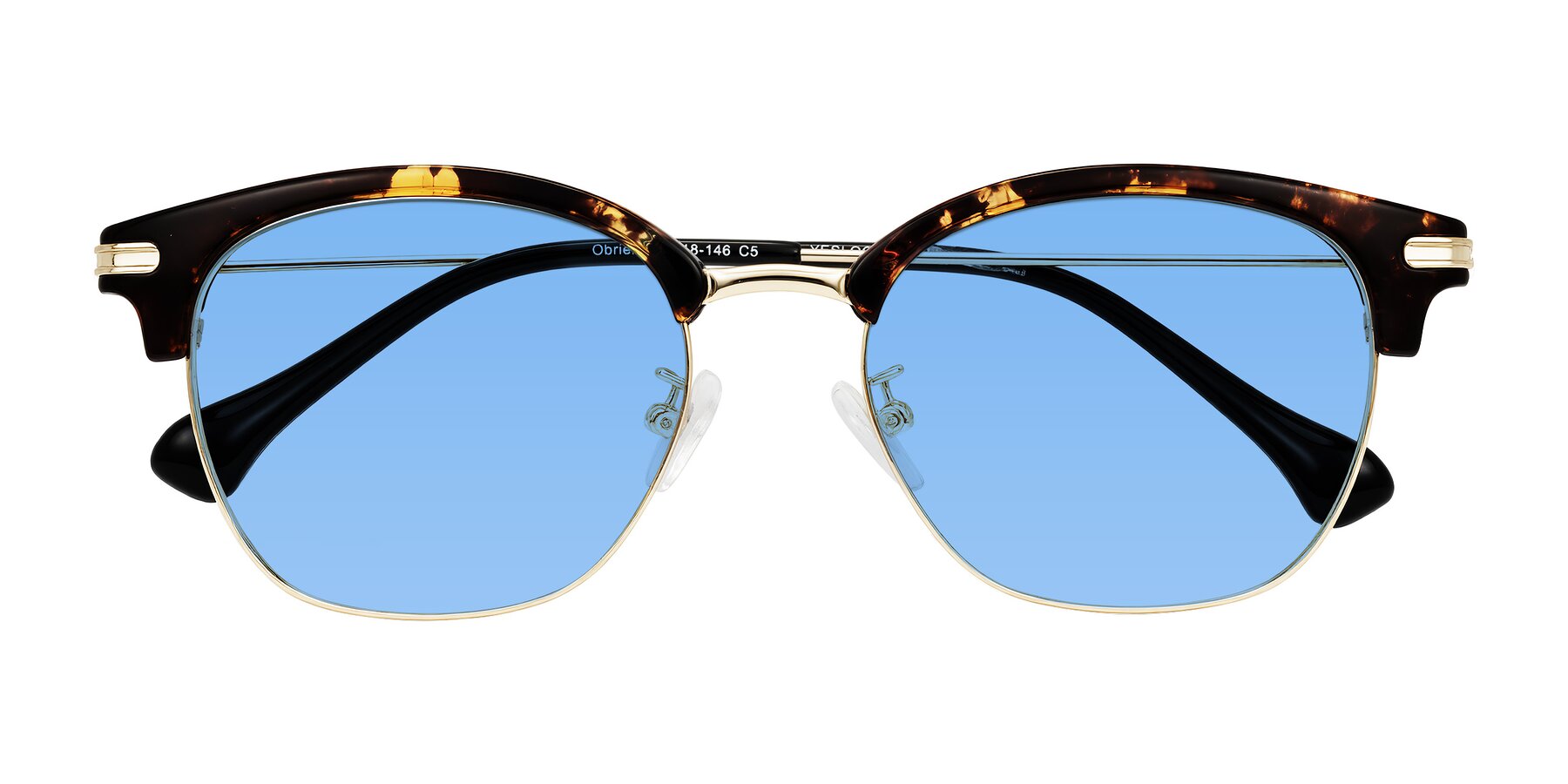 Folded Front of Obrien in Tortoise with Medium Blue Tinted Lenses