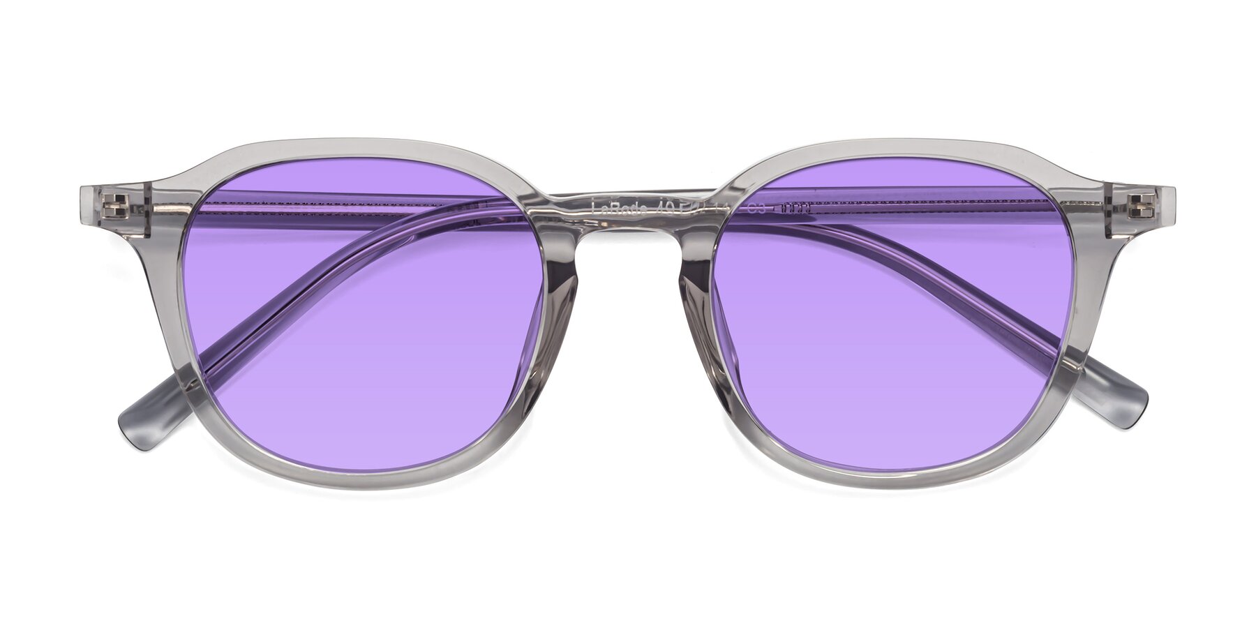 Folded Front of LaRode in Translucent Gray with Medium Purple Tinted Lenses