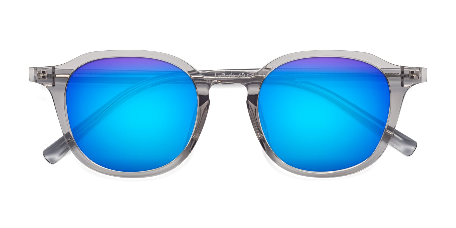 Folded Front of LaRode in Translucent Gray with Blue Mirrored Lenses