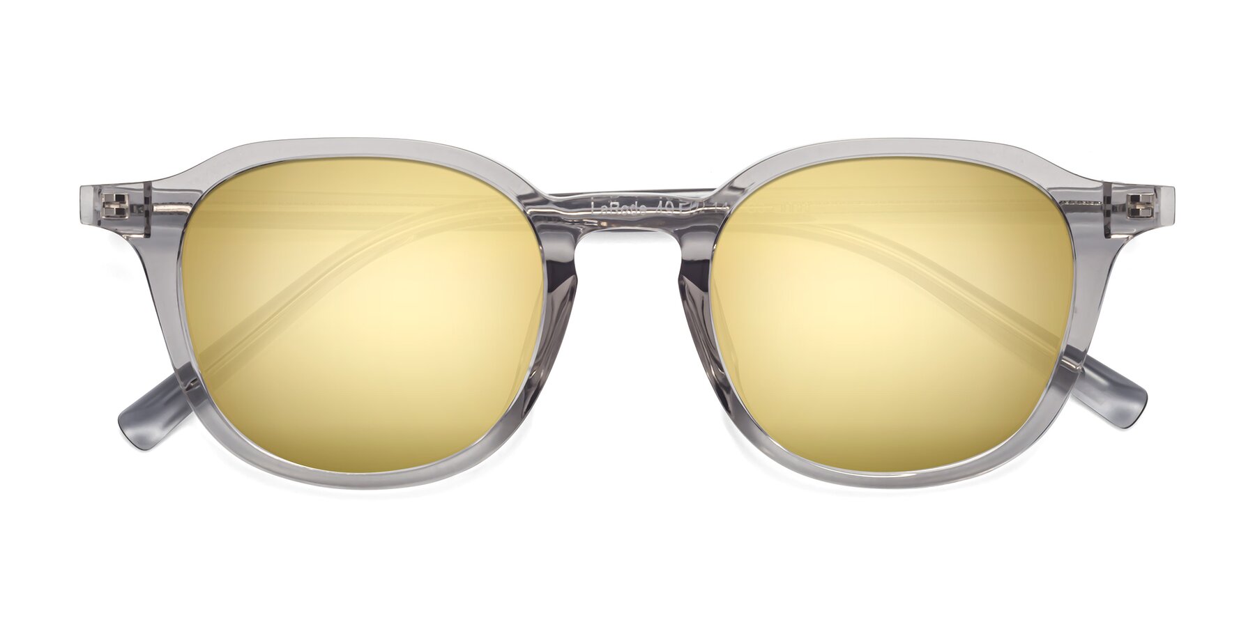 Folded Front of LaRode in Translucent Gray with Gold Mirrored Lenses