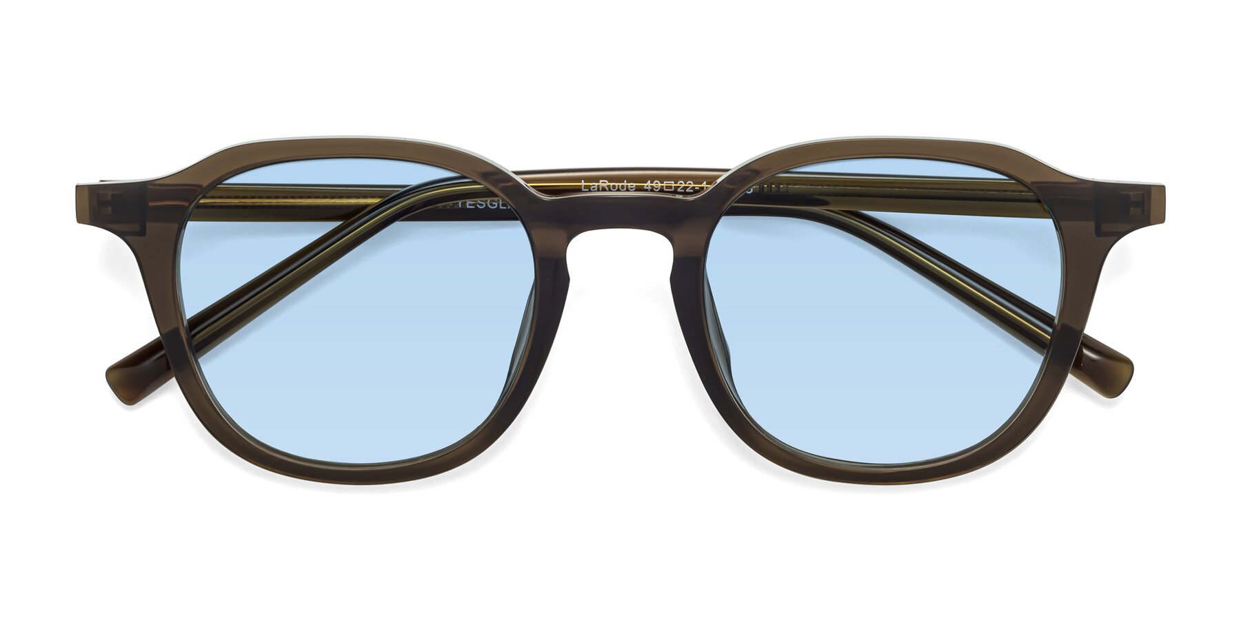 Folded Front of LaRode in Coffee with Light Blue Tinted Lenses