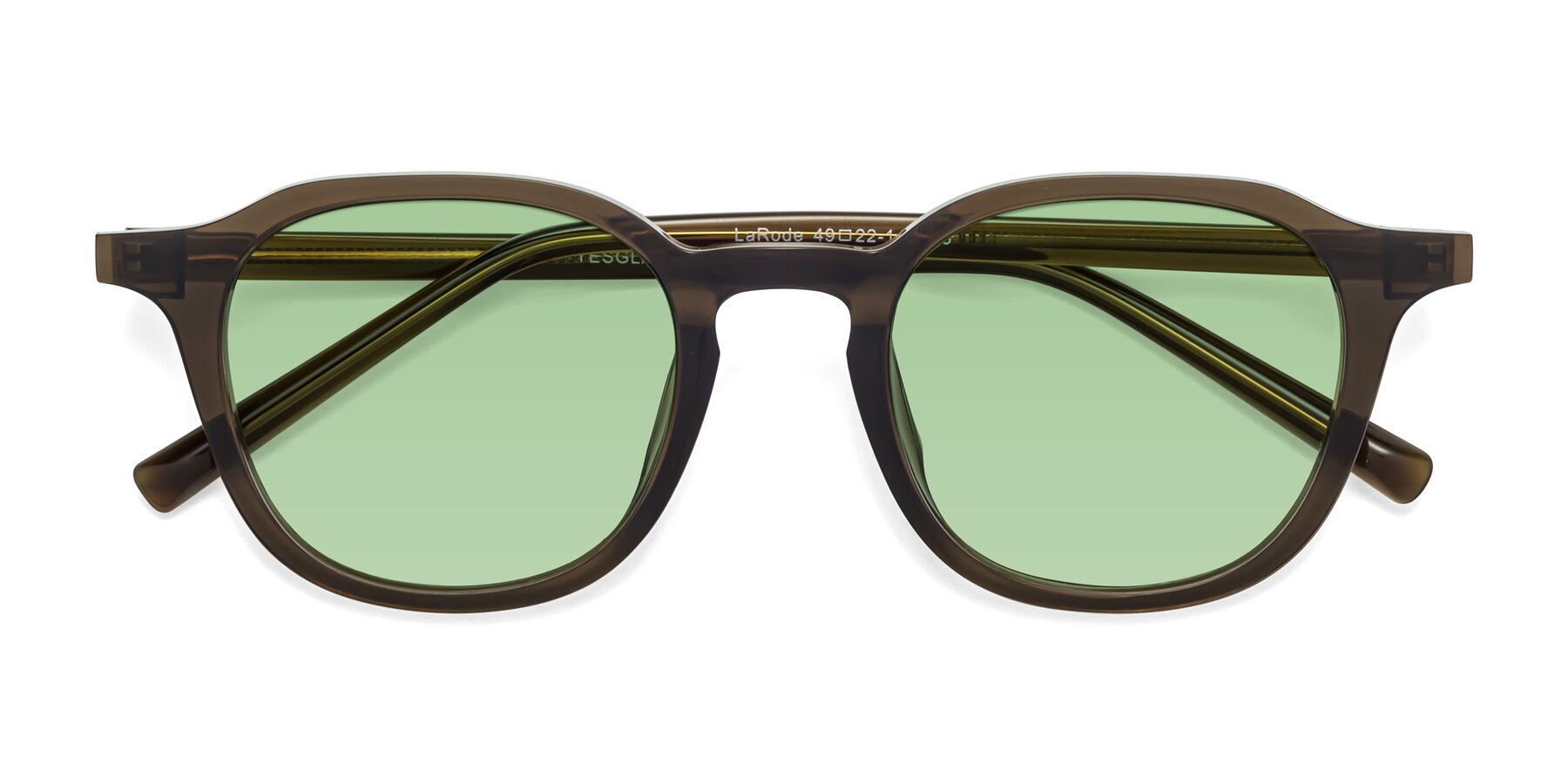 Folded Front of LaRode in Coffee with Medium Green Tinted Lenses