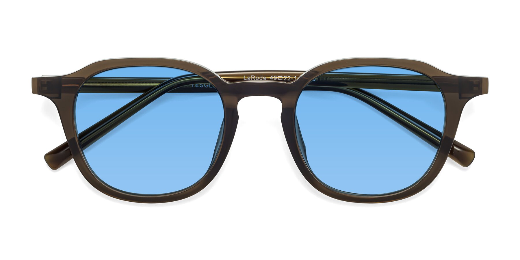 Folded Front of LaRode in Coffee with Medium Blue Tinted Lenses