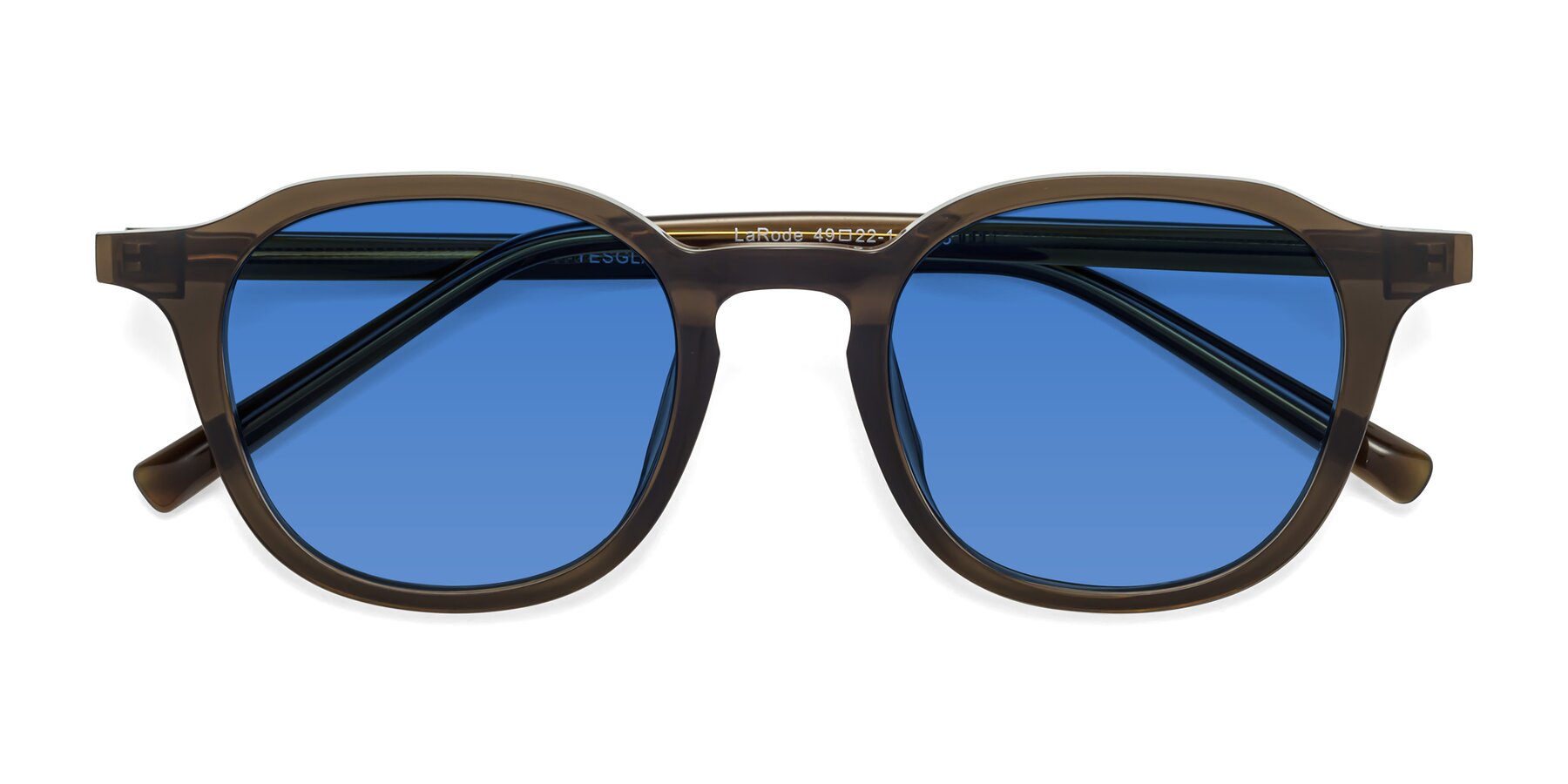 Folded Front of LaRode in Coffee with Blue Tinted Lenses