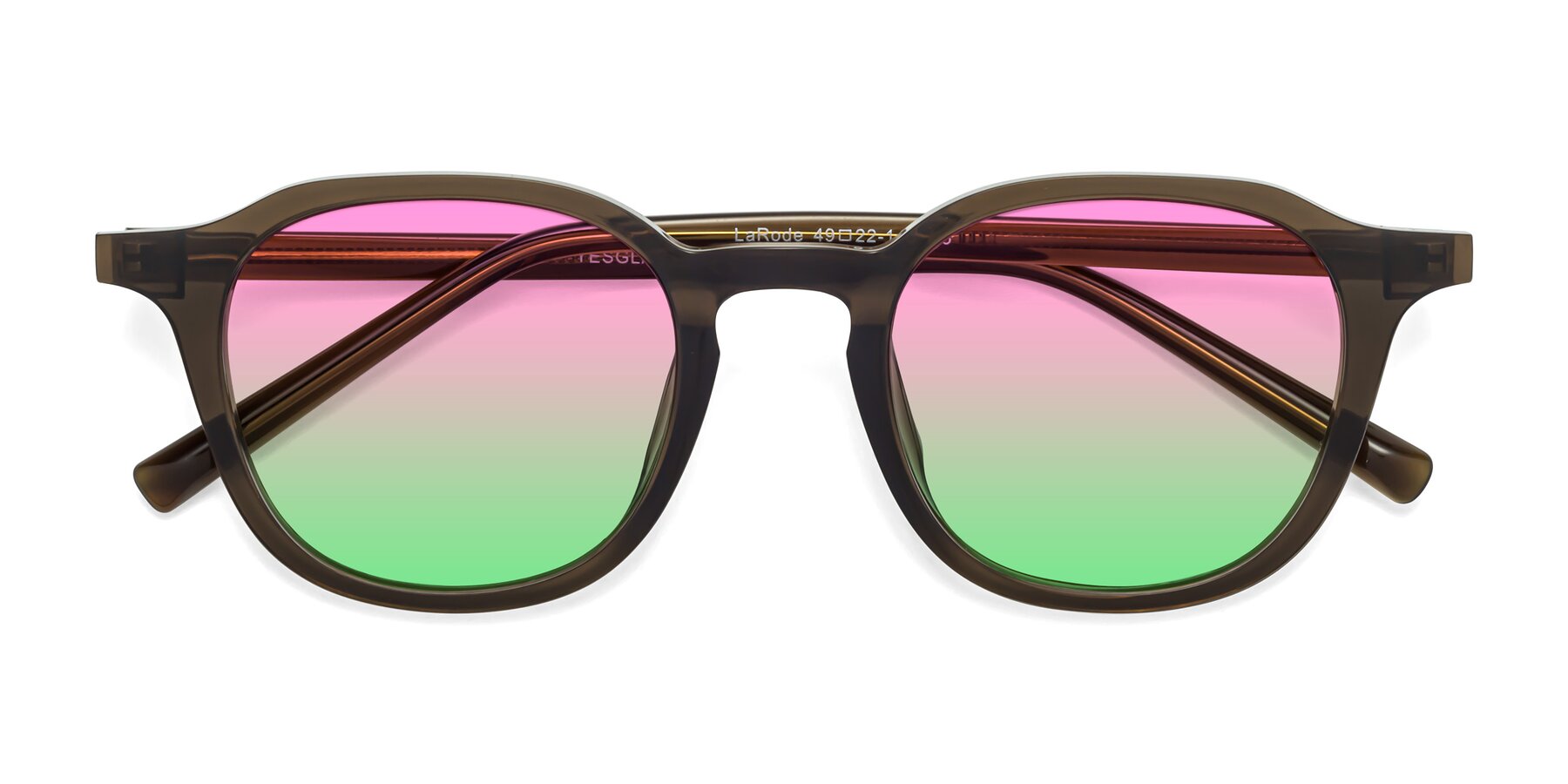 Folded Front of LaRode in Coffee with Pink / Green Gradient Lenses