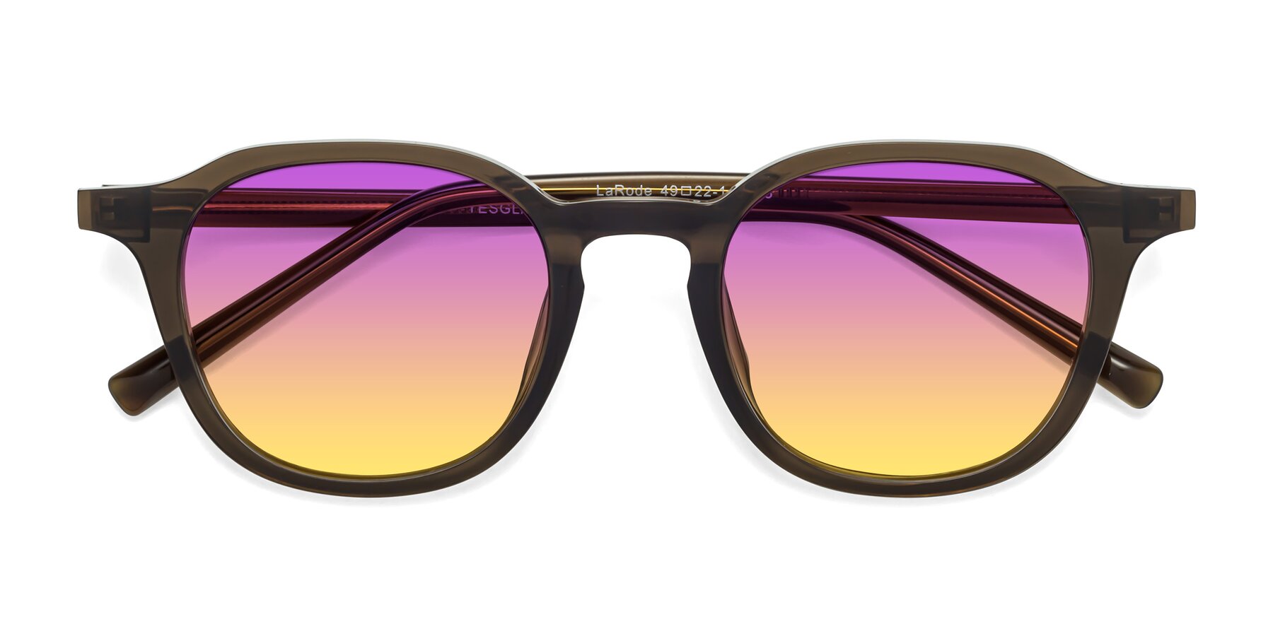 Folded Front of LaRode in Coffee with Purple / Yellow Gradient Lenses