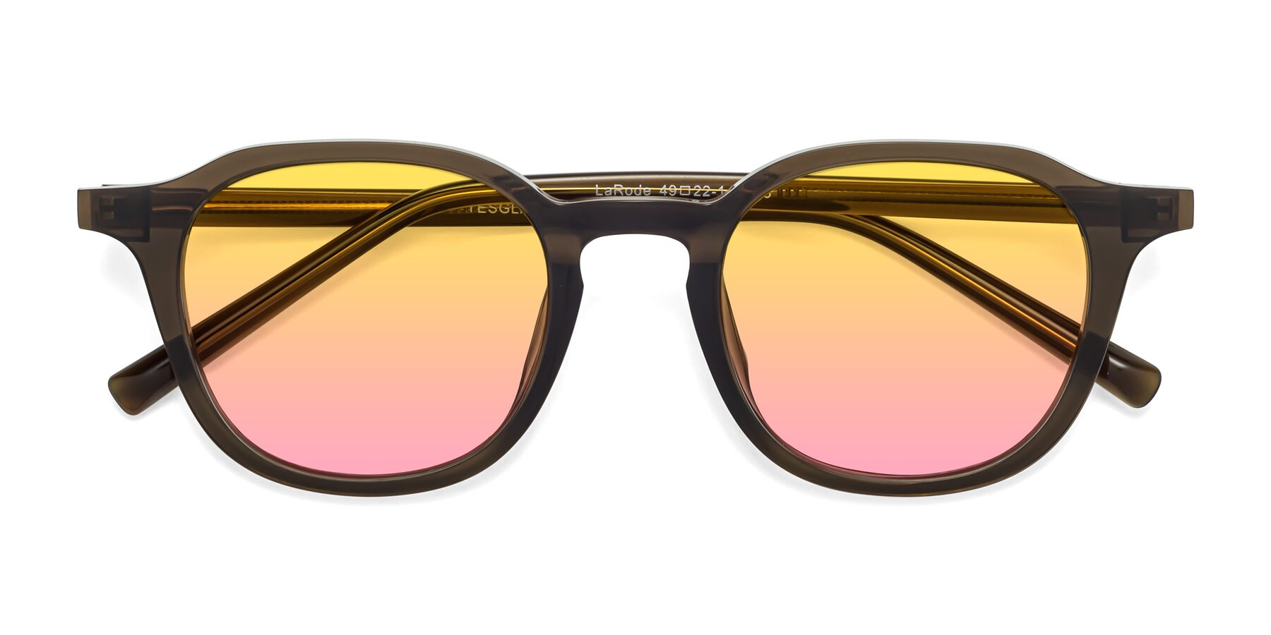 Folded Front of LaRode in Coffee with Yellow / Pink Gradient Lenses