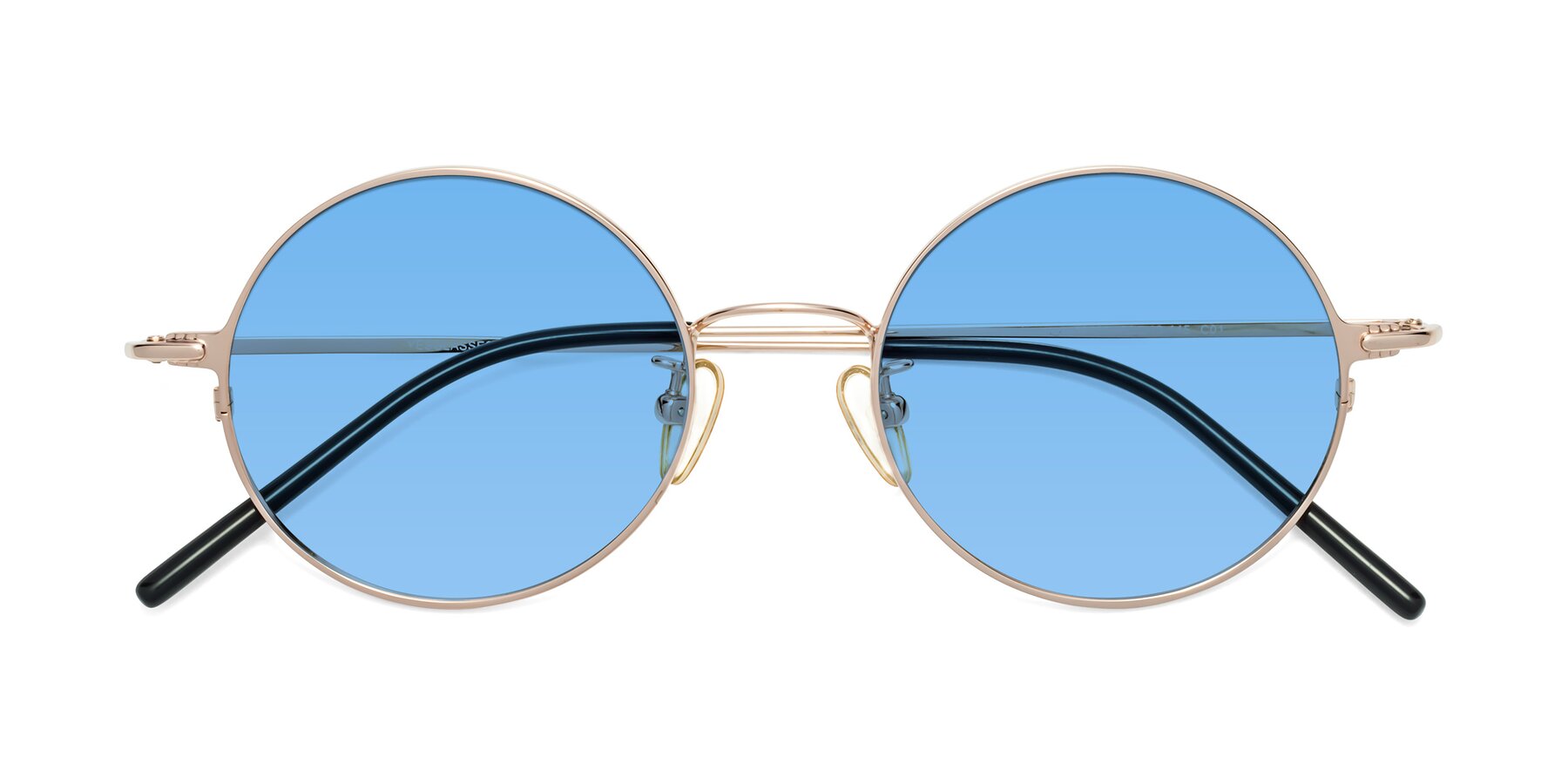 Folded Front of 18009 in Rose Gold with Medium Blue Tinted Lenses