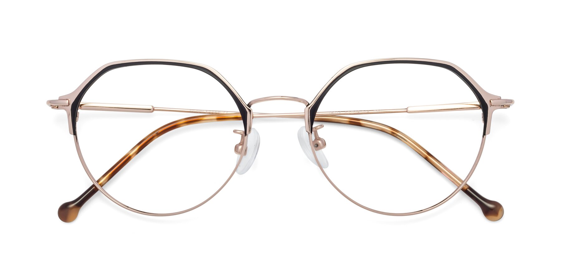 Folded Front of 18014 in Black-Rose Gold with Clear Eyeglass Lenses