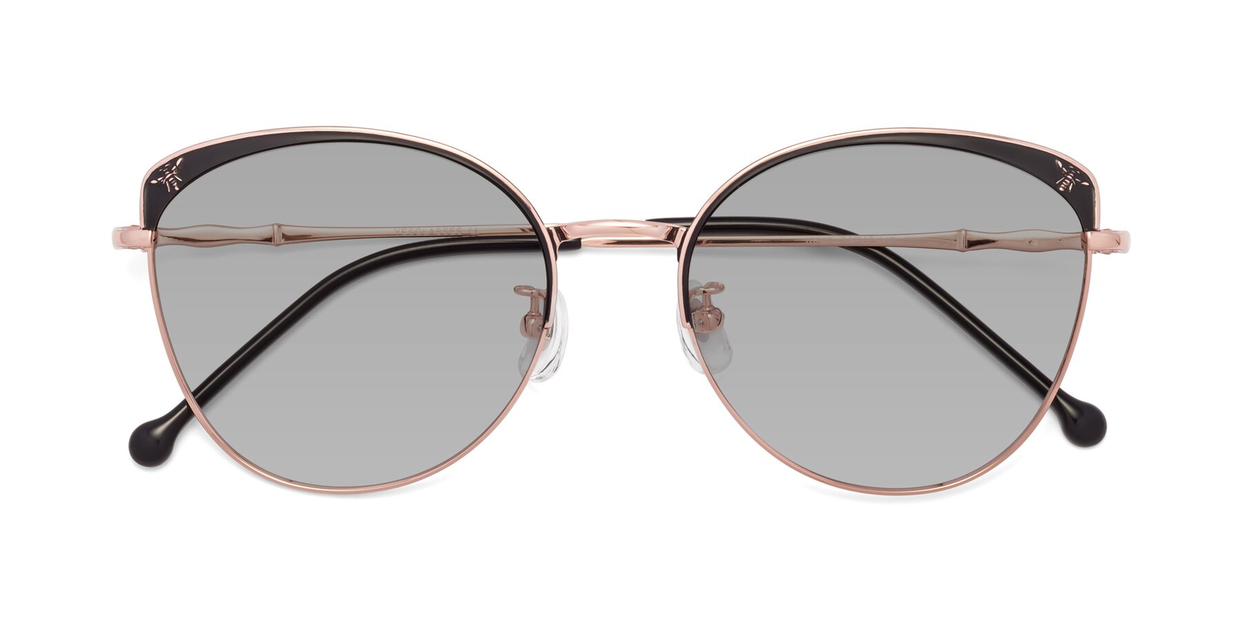 Folded Front of 18019 in Black-Rose Gold with Light Gray Tinted Lenses