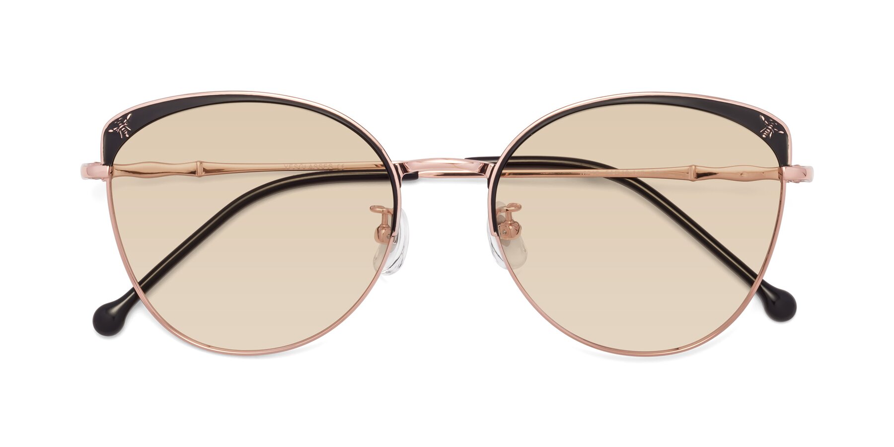 Folded Front of 18019 in Black-Rose Gold with Light Brown Tinted Lenses