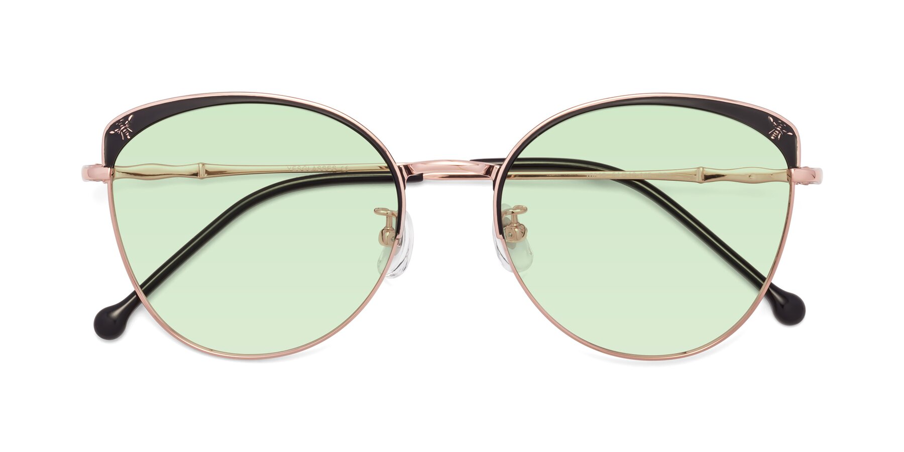 Folded Front of 18019 in Black-Rose Gold with Light Green Tinted Lenses