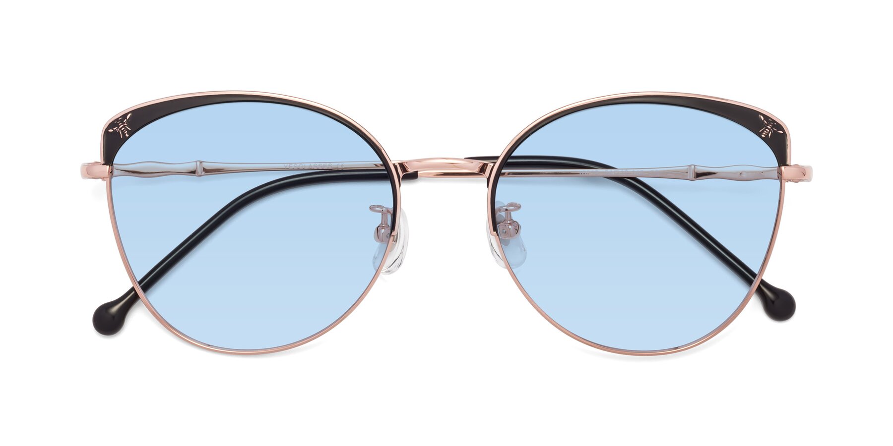Folded Front of 18019 in Black-Rose Gold with Light Blue Tinted Lenses
