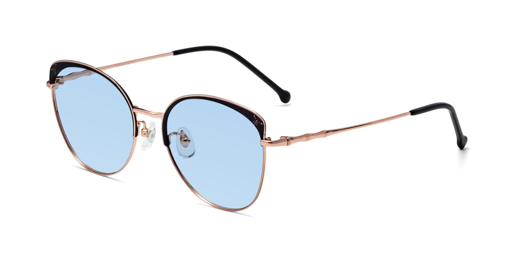 Angle of 18019 in Black-Rose Gold with Light Blue Tinted Lenses