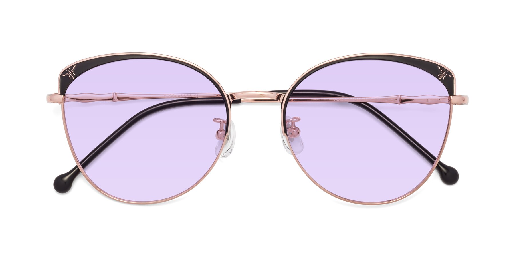 Folded Front of 18019 in Black-Rose Gold with Light Purple Tinted Lenses