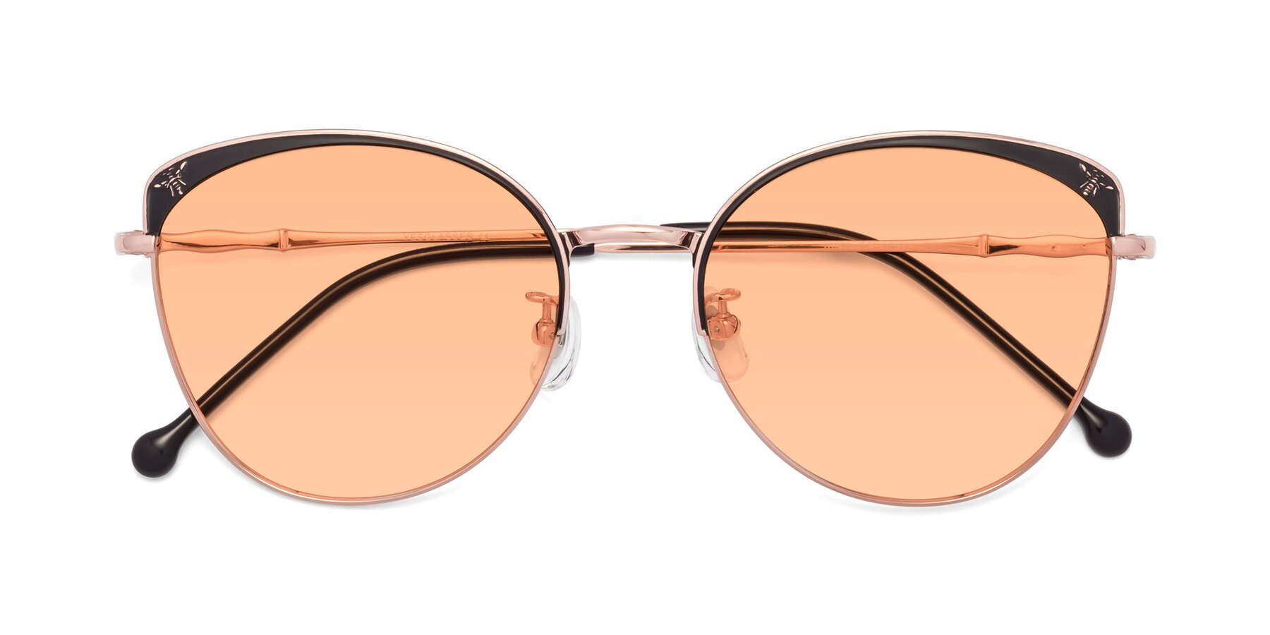 Folded Front of 18019 in Black-Rose Gold with Light Orange Tinted Lenses