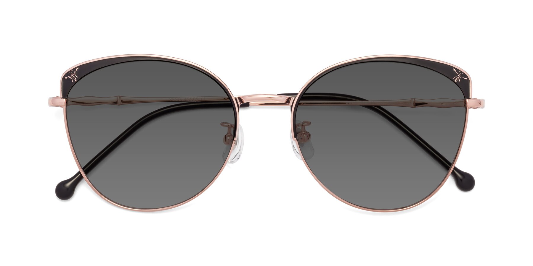 Folded Front of 18019 in Black-Rose Gold with Medium Gray Tinted Lenses