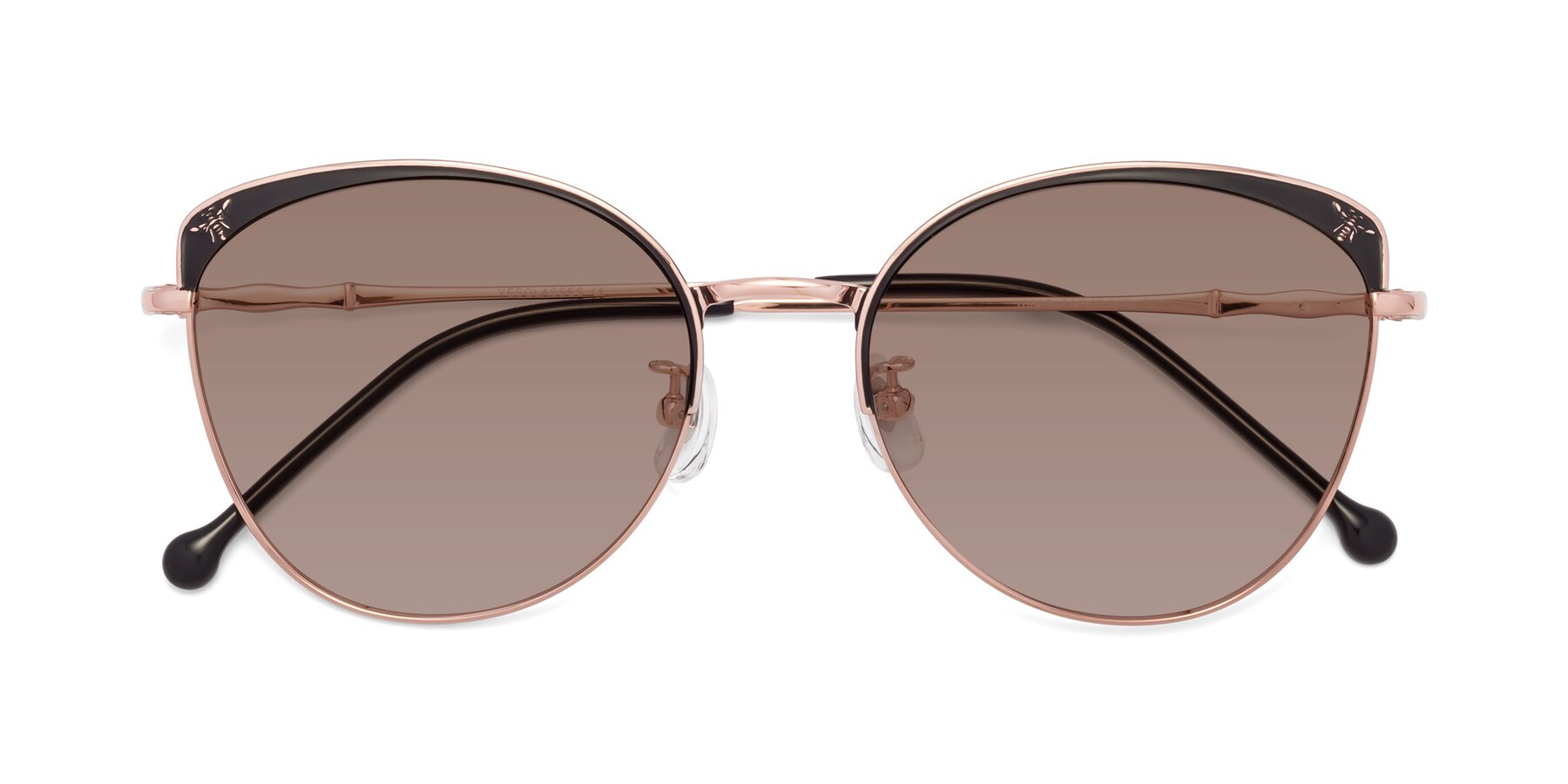 Folded Front of 18019 in Black-Rose Gold with Medium Brown Tinted Lenses