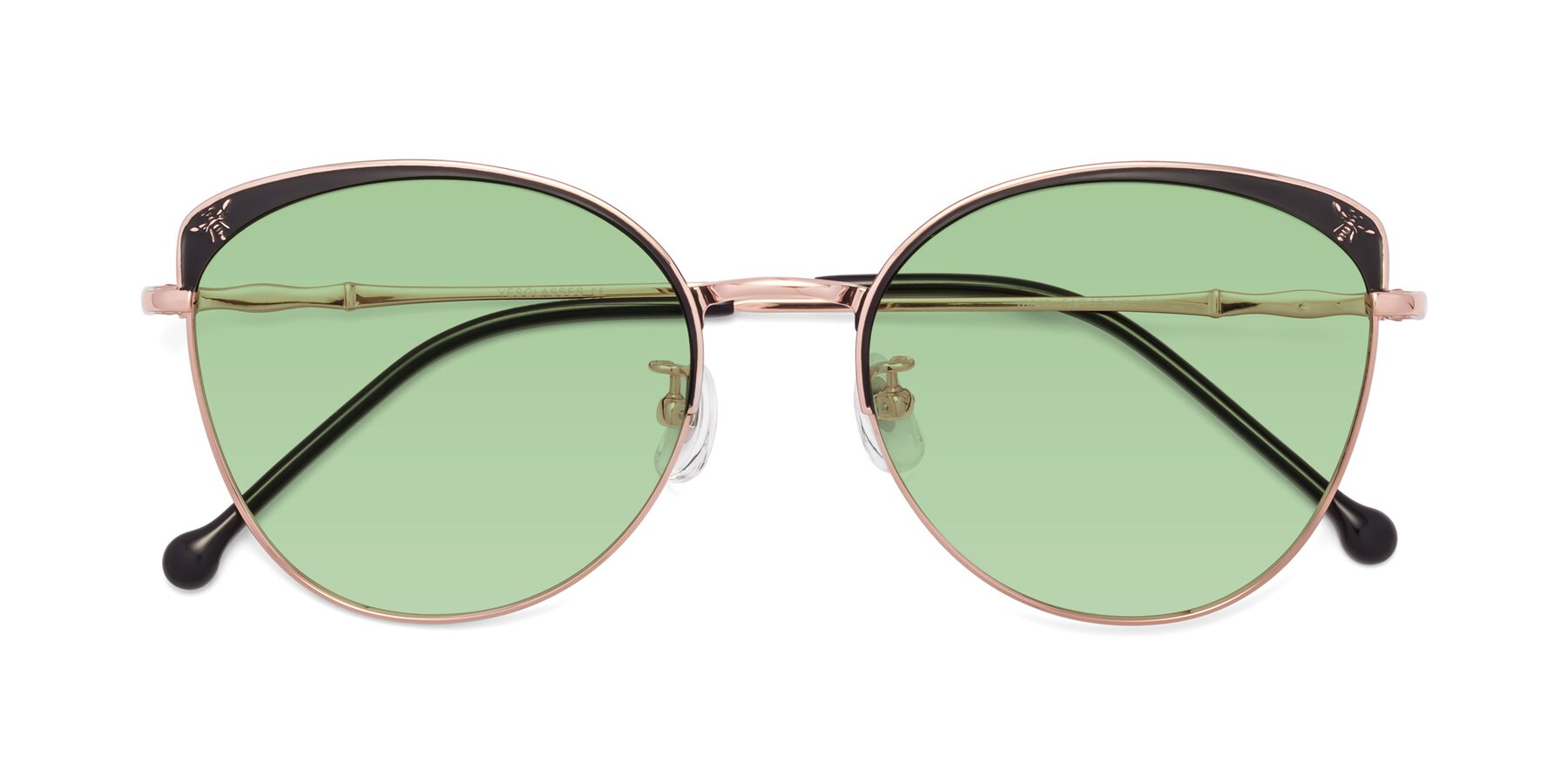 Folded Front of 18019 in Black-Rose Gold with Medium Green Tinted Lenses