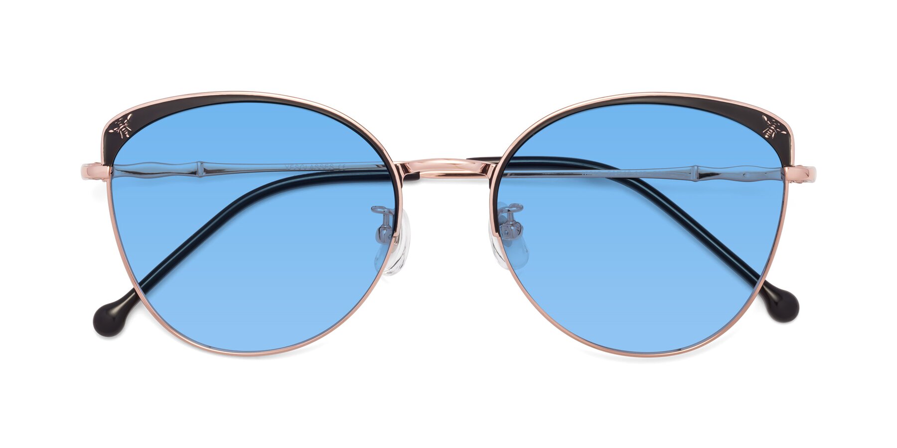 Folded Front of 18019 in Black-Rose Gold with Medium Blue Tinted Lenses