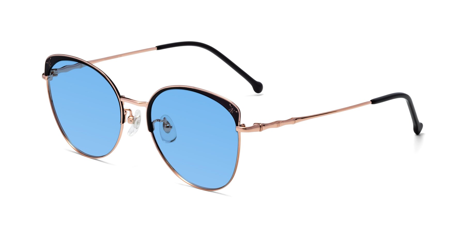 Angle of 18019 in Black-Rose Gold with Medium Blue Tinted Lenses